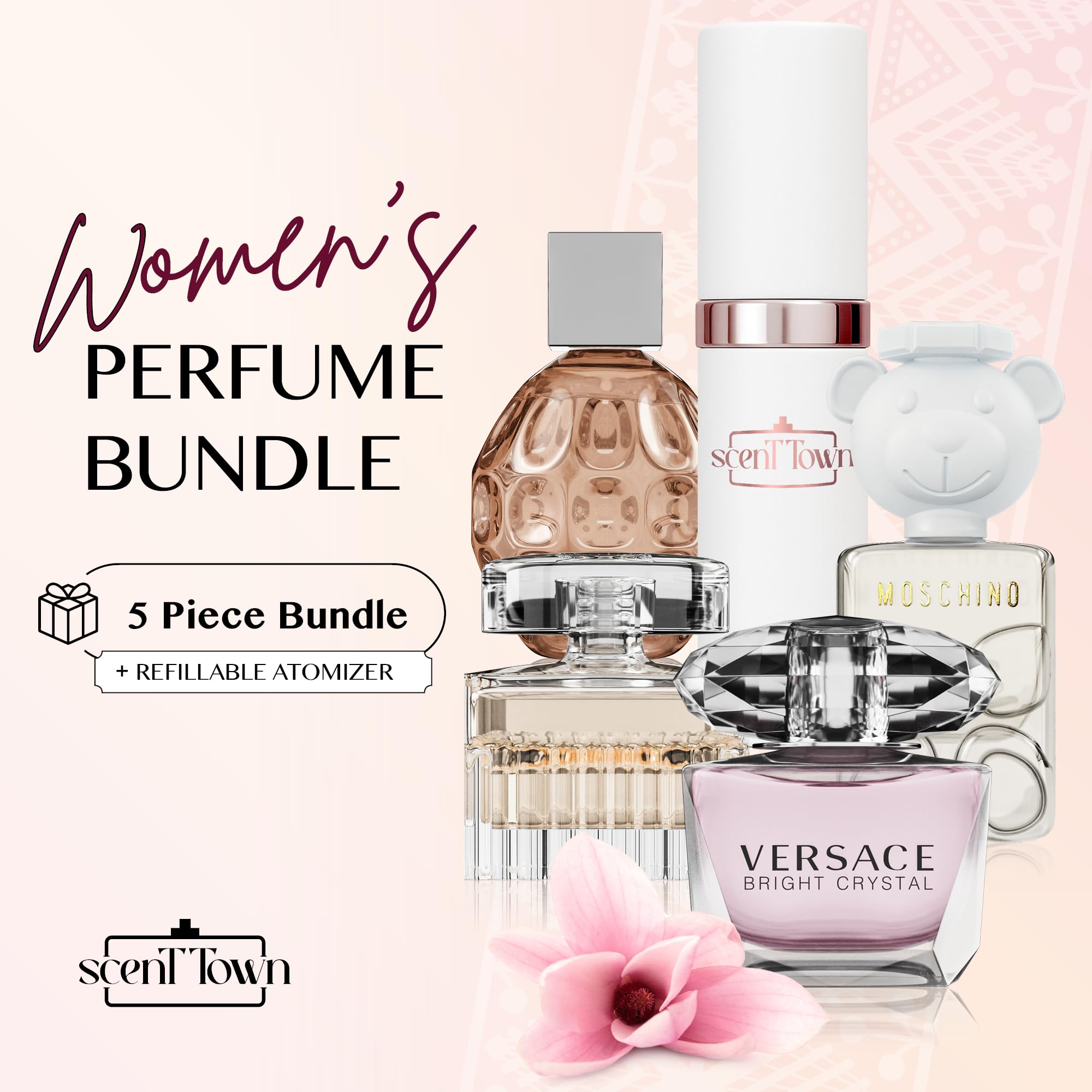 Scent Town Mini Perfumes for Women (Set of 5) – Designer Samples + Empty Refillable Atomizer in Gift Box