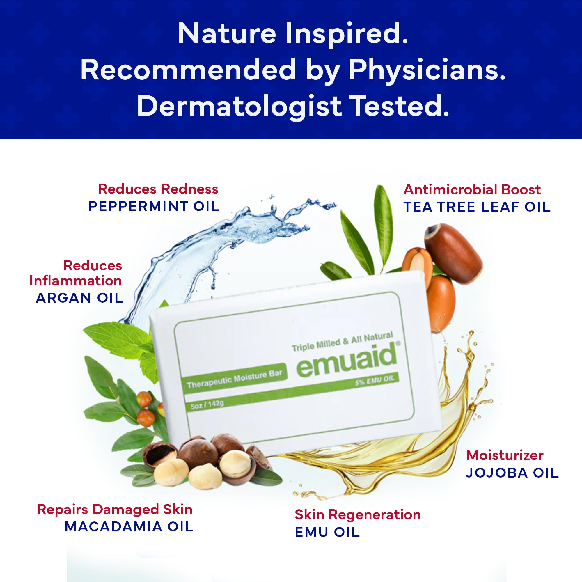 Emuaid Therapeutic Moisture Bar – Medicated Face & Body Cleanser with 5% Emu Oil, Tea Tree & Botanical Oils (5oz)