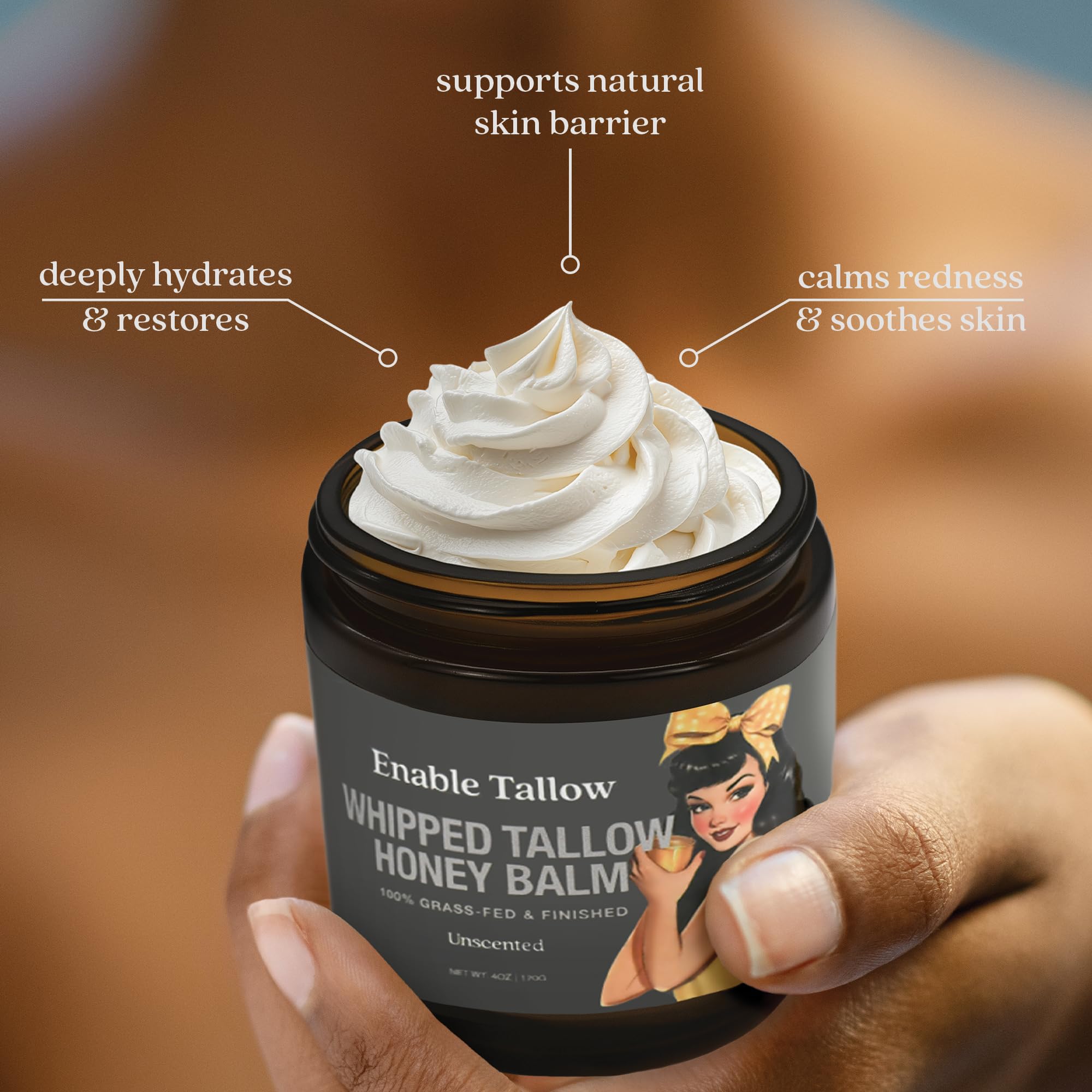 Enable Tallow Face & Body Cream – Whipped Beef Tallow & Manuka Honey, Fragrance-Free, 4oz