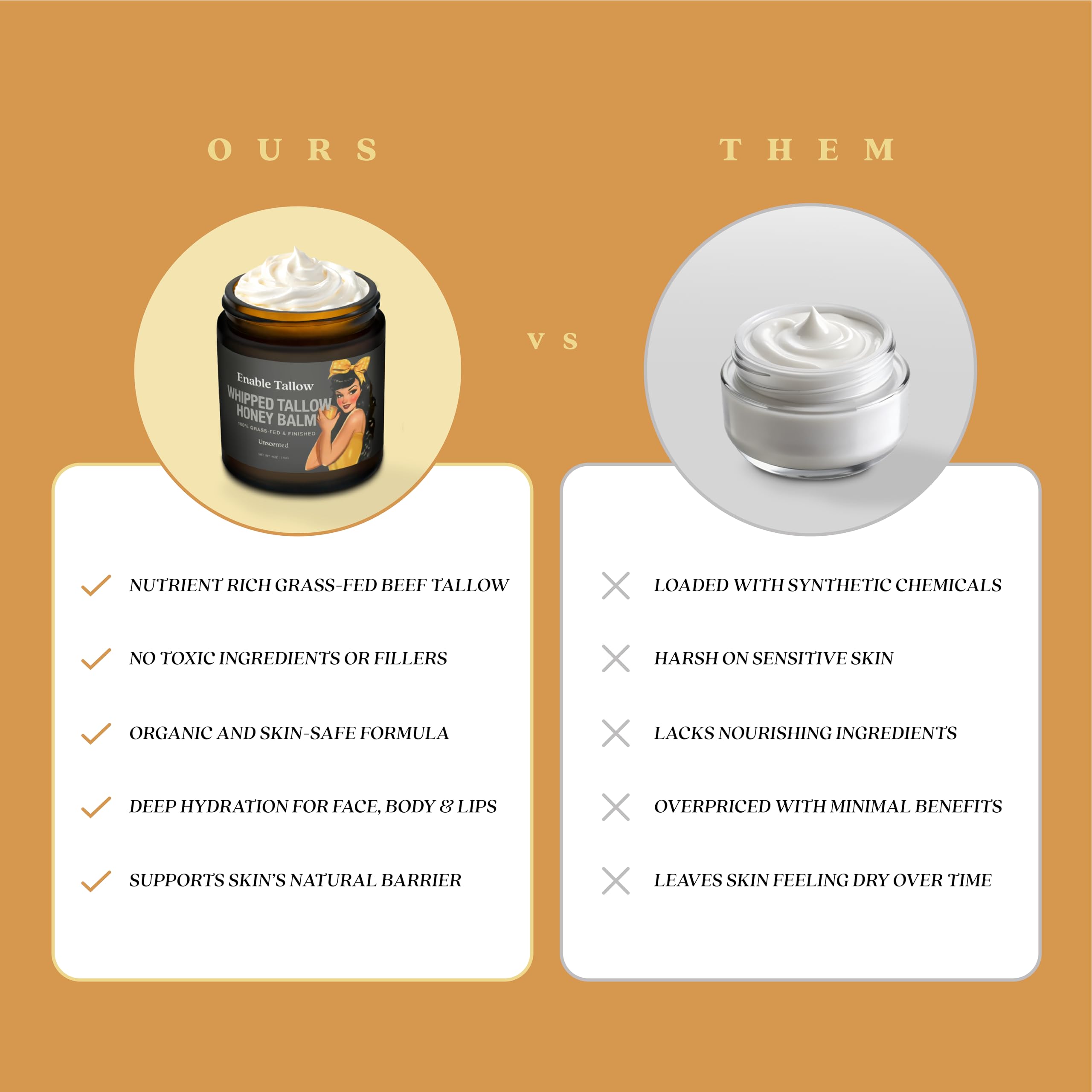 Enable Tallow Face & Body Cream – Whipped Beef Tallow & Manuka Honey, Fragrance-Free, 4oz