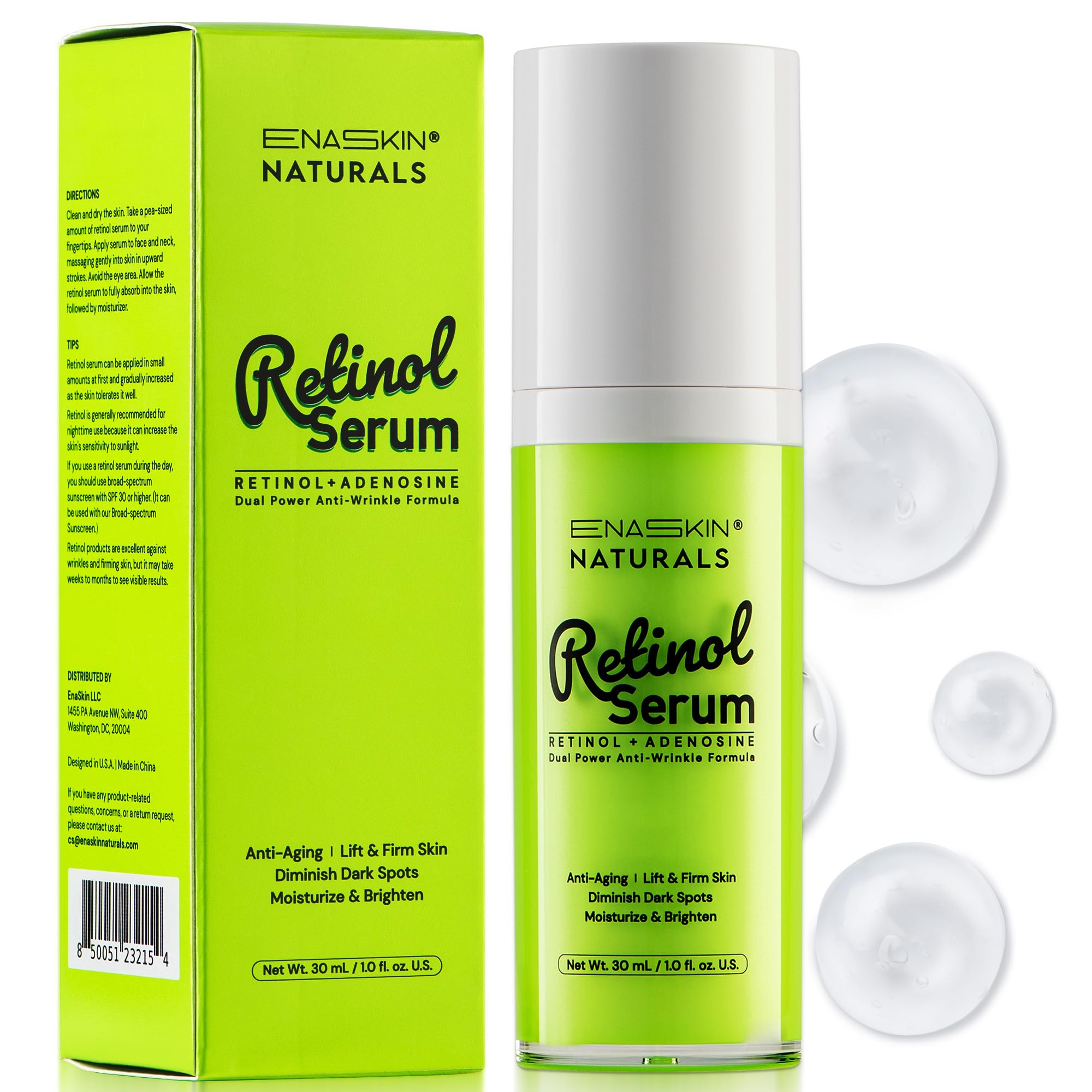 Enaskin Naturals Anti-Wrinkle Retinol Serum – Hyaluronic Acid & Collagen, Deep Hydration, Firming (1.0 fl oz)