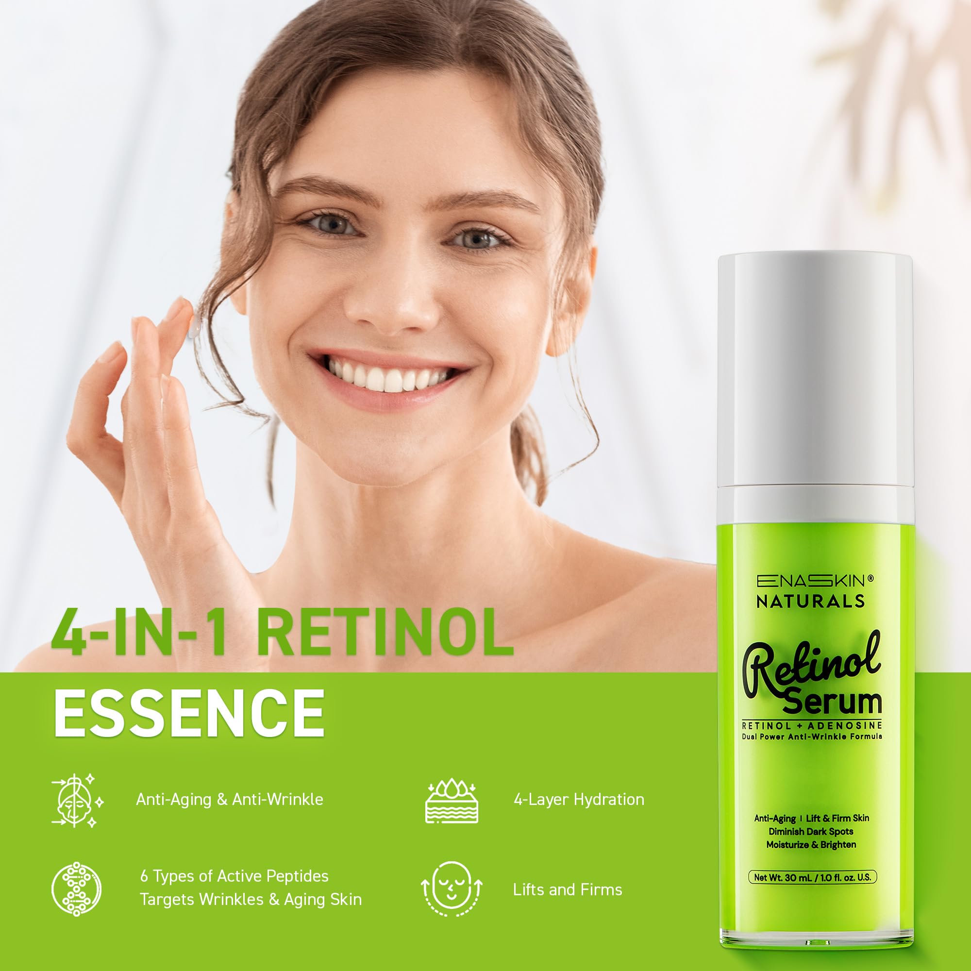 Enaskin Naturals Anti-Wrinkle Retinol Serum – Hyaluronic Acid & Collagen, Deep Hydration, Firming (1.0 fl oz)