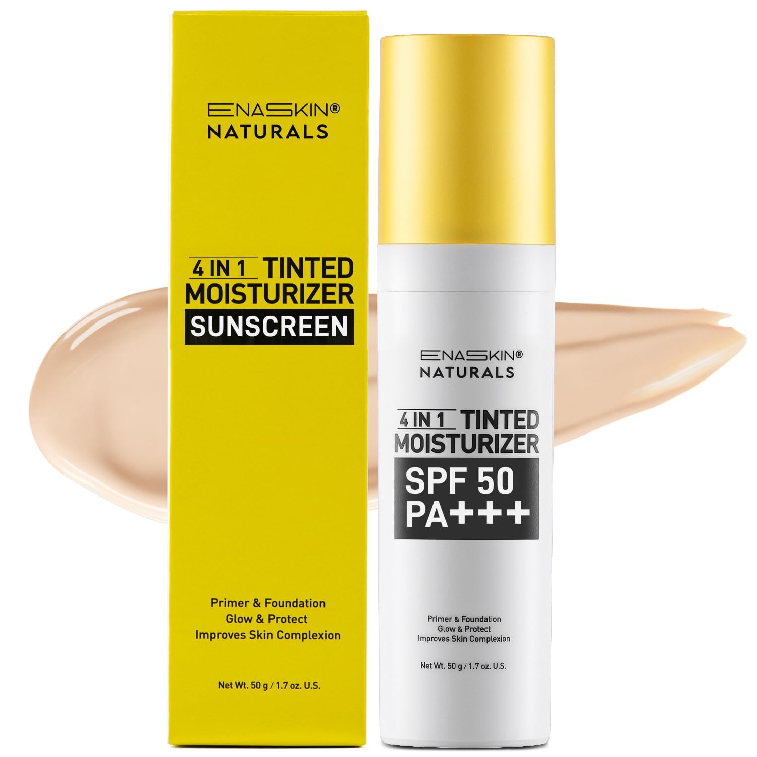 Enaskin Naturals Tinted Moisturizer SPF 50 — 1.7 oz 4-in-1 Mineral Face Cream with Zinc Oxide