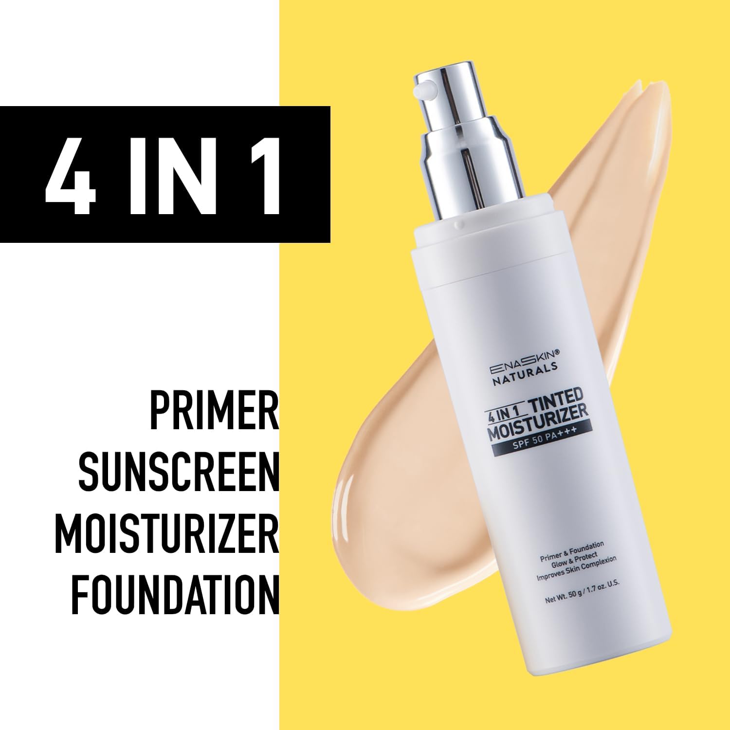 Enaskin Naturals Tinted Moisturizer SPF 50 — 1.7 oz 4-in-1 Mineral Face Cream with Zinc Oxide