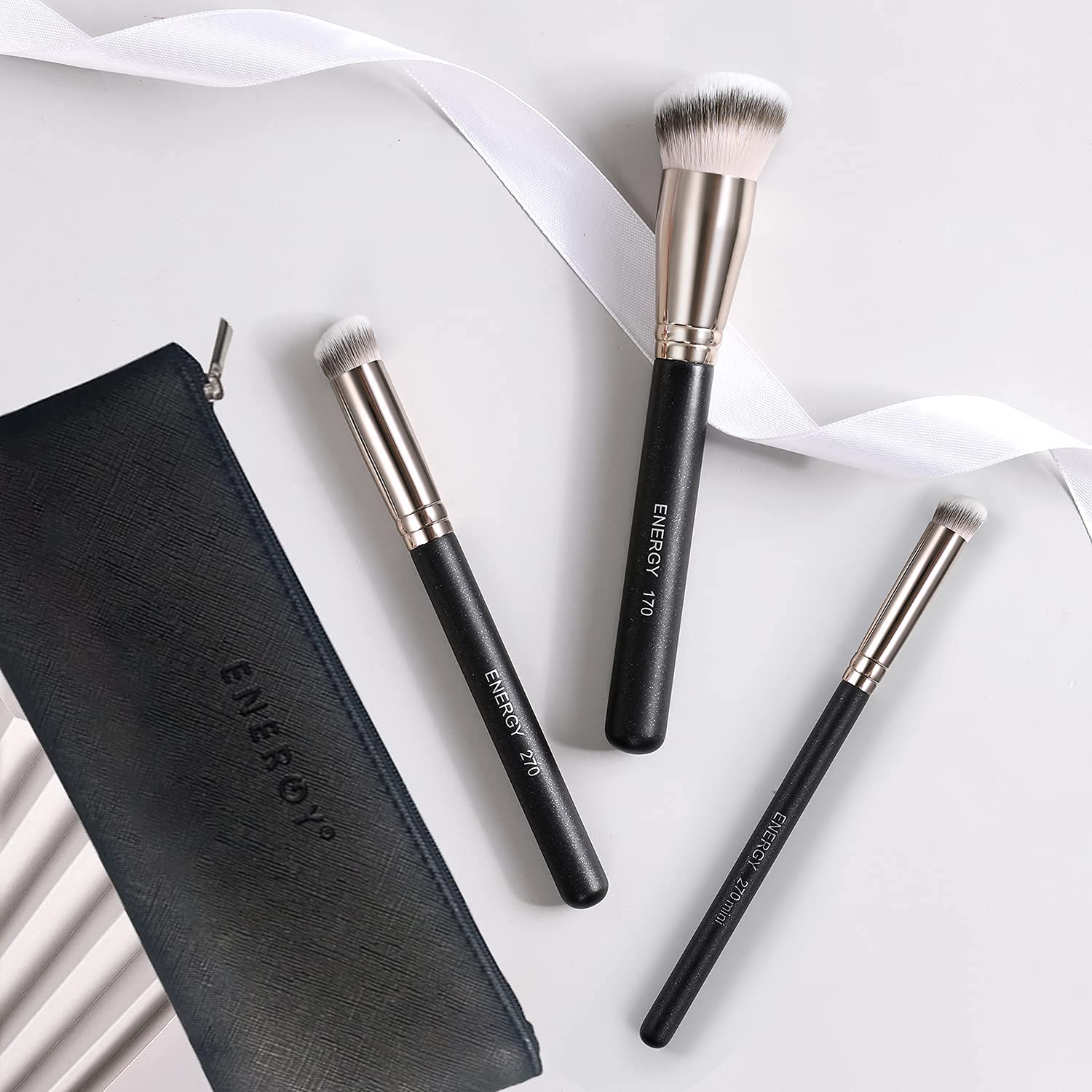 ENERGY Makeup Brush Set - 3-Piece Professional Kit with Vegan Bristles & Travel Case