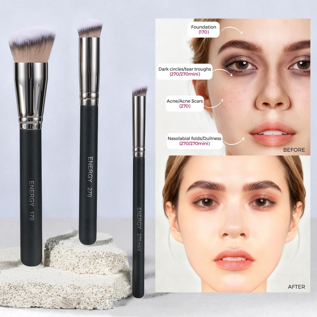 ENERGY Makeup Brush Set - 3-Piece Professional Kit with Vegan Bristles & Travel Case