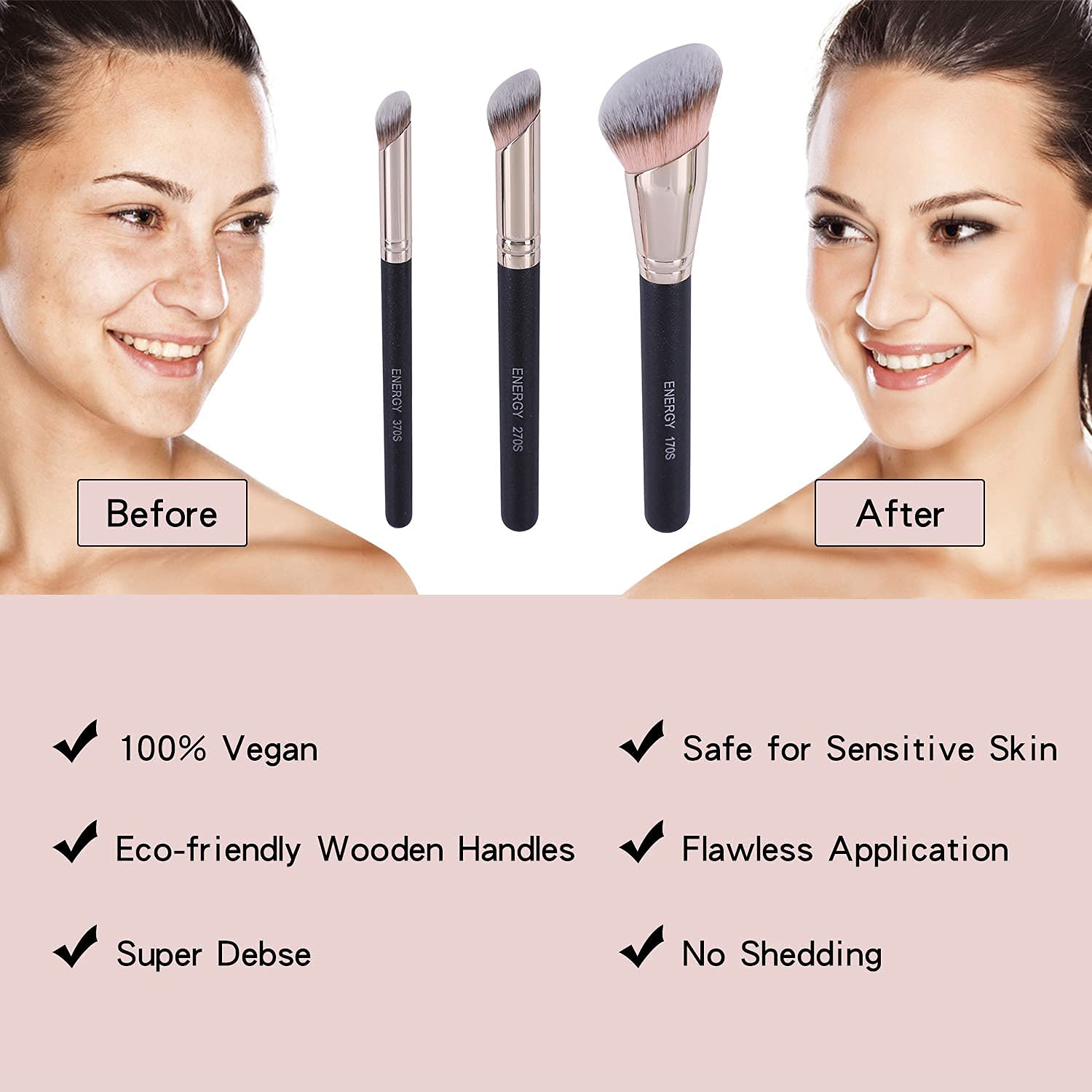 ENERGY Kabuki Foundation Brushes 3Pcs – Professional Makeup Brush Set for Foundation, Concealer, Bronzer, and Powder