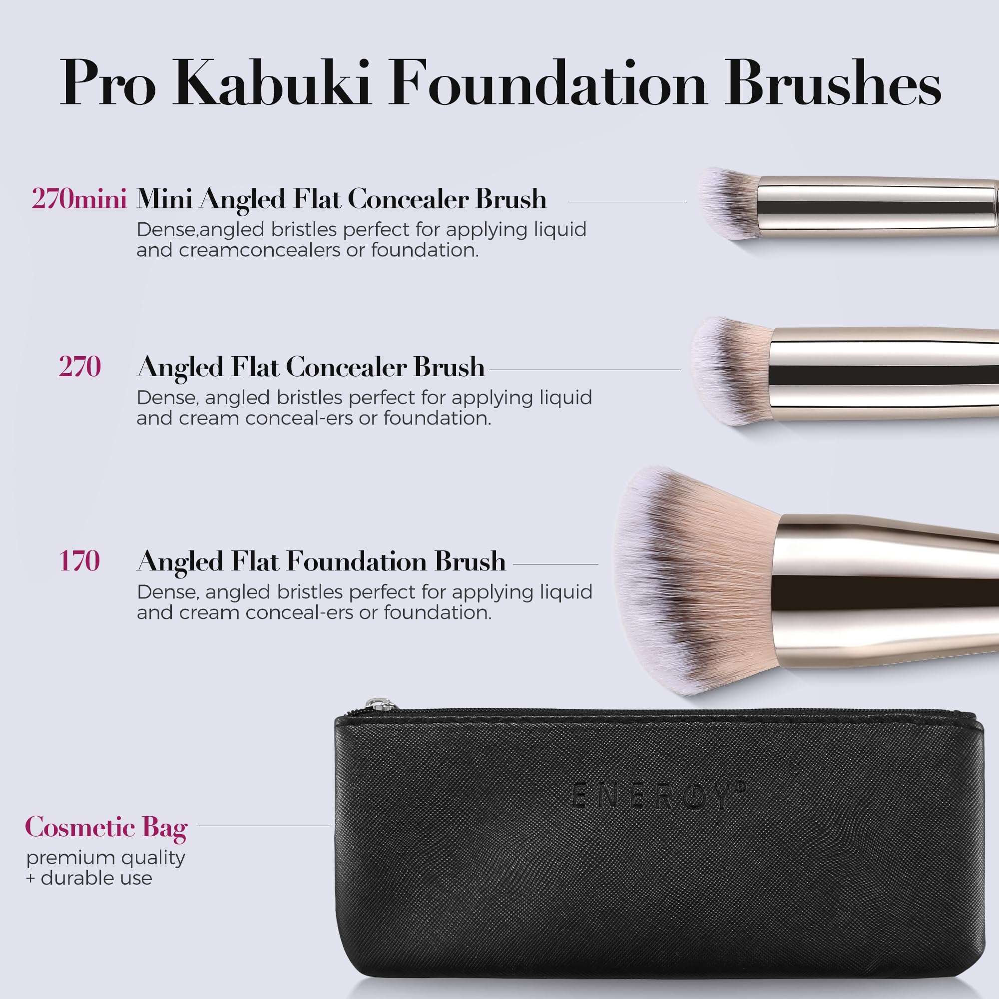 ENERGY Makeup Brush Set - 3-Piece Professional Kit with Vegan Bristles & Travel Case