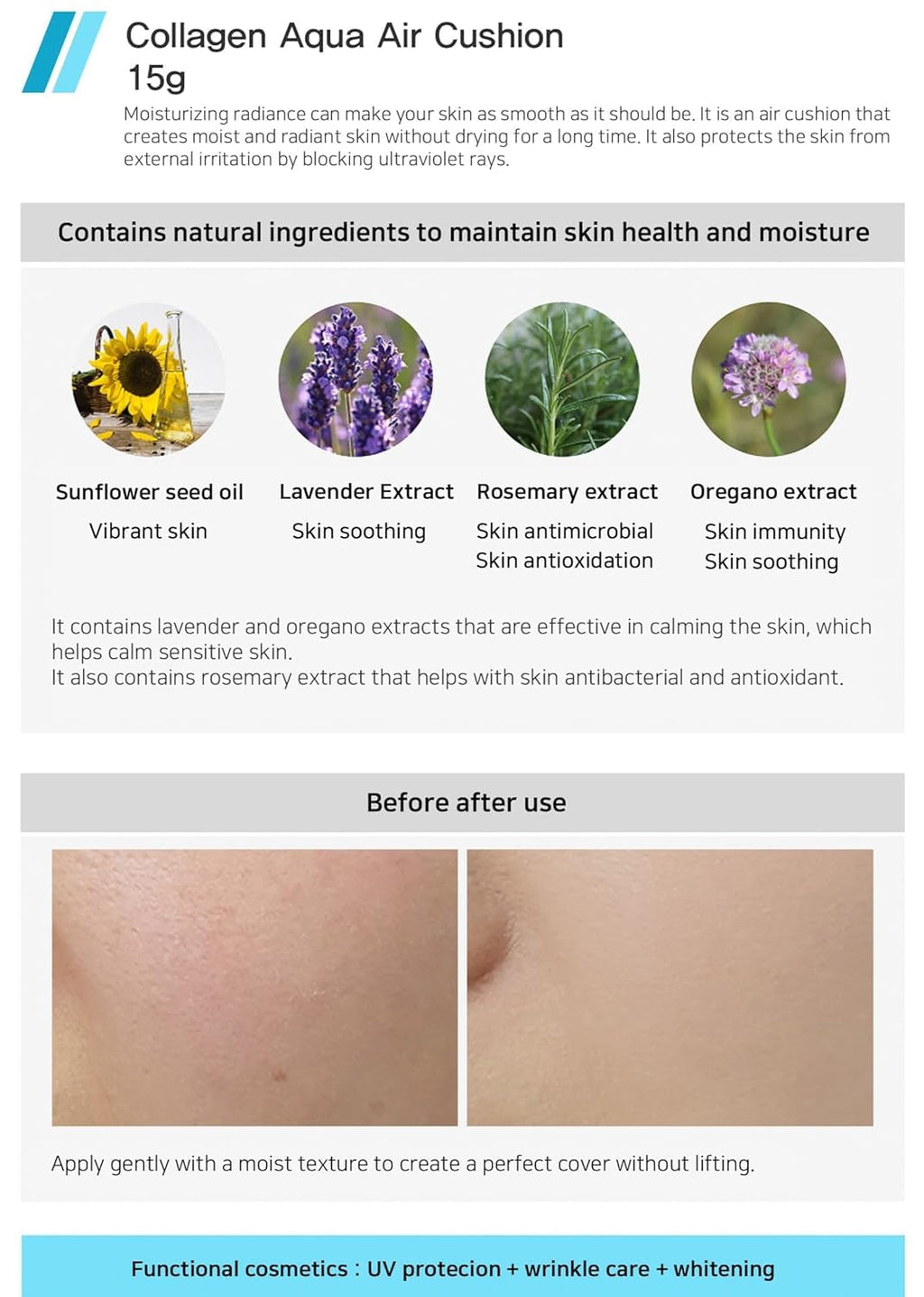 ENOUGH Collagen Aqua Air Cushion SPF 50+ PA+++ — Full Coverage Hydrating Foundation & Tinted Moisturizer Sunscreen (#21 Natural Glow) with Refill Set