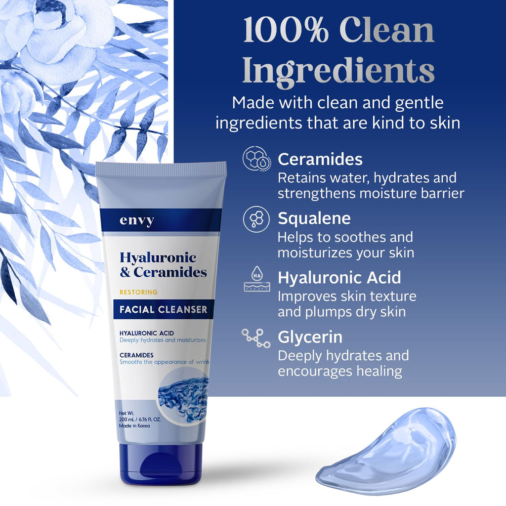 Envy Facial Cleanser with Hyaluronic Acid & Ceramides – Hydrating & Radiance-Boosting