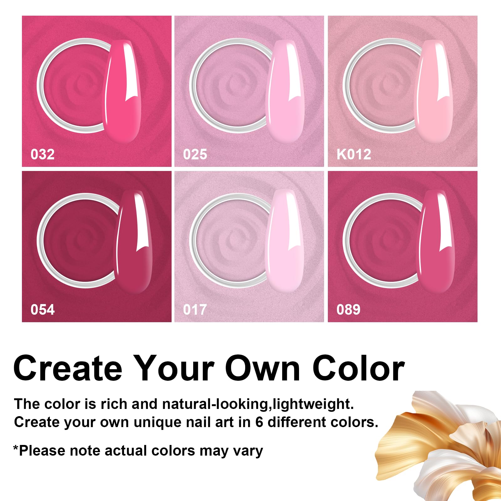 Eodci Dip Powder Nail Set – 6 Colors Hot Pink Series, 12-Piece Kit with Base & Top Coat, No Lamp Needed