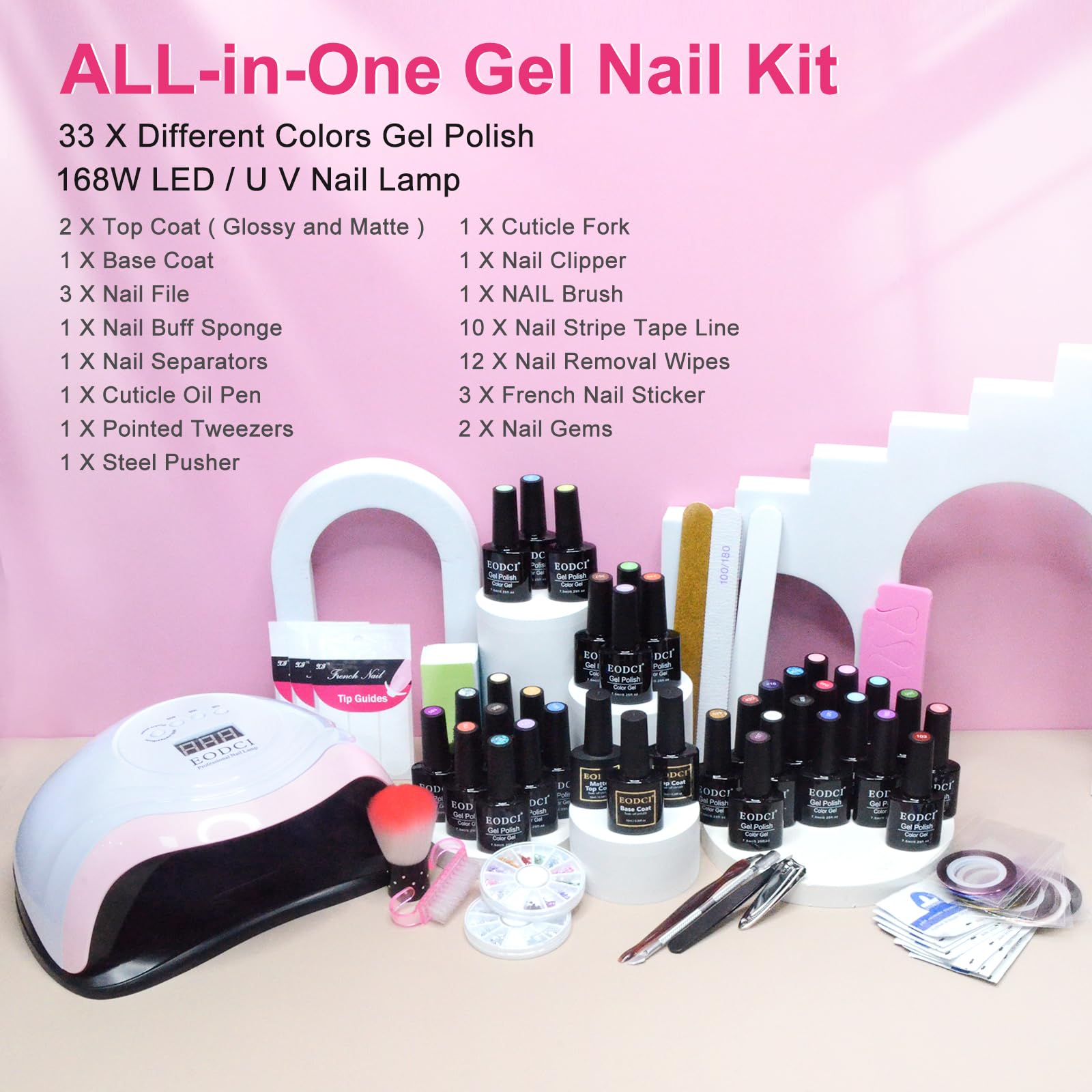 EODCI 76‑Piece Gel Nail Kit with 168W LED Lamp | 33 Colors, Base/Top Coats & Tools