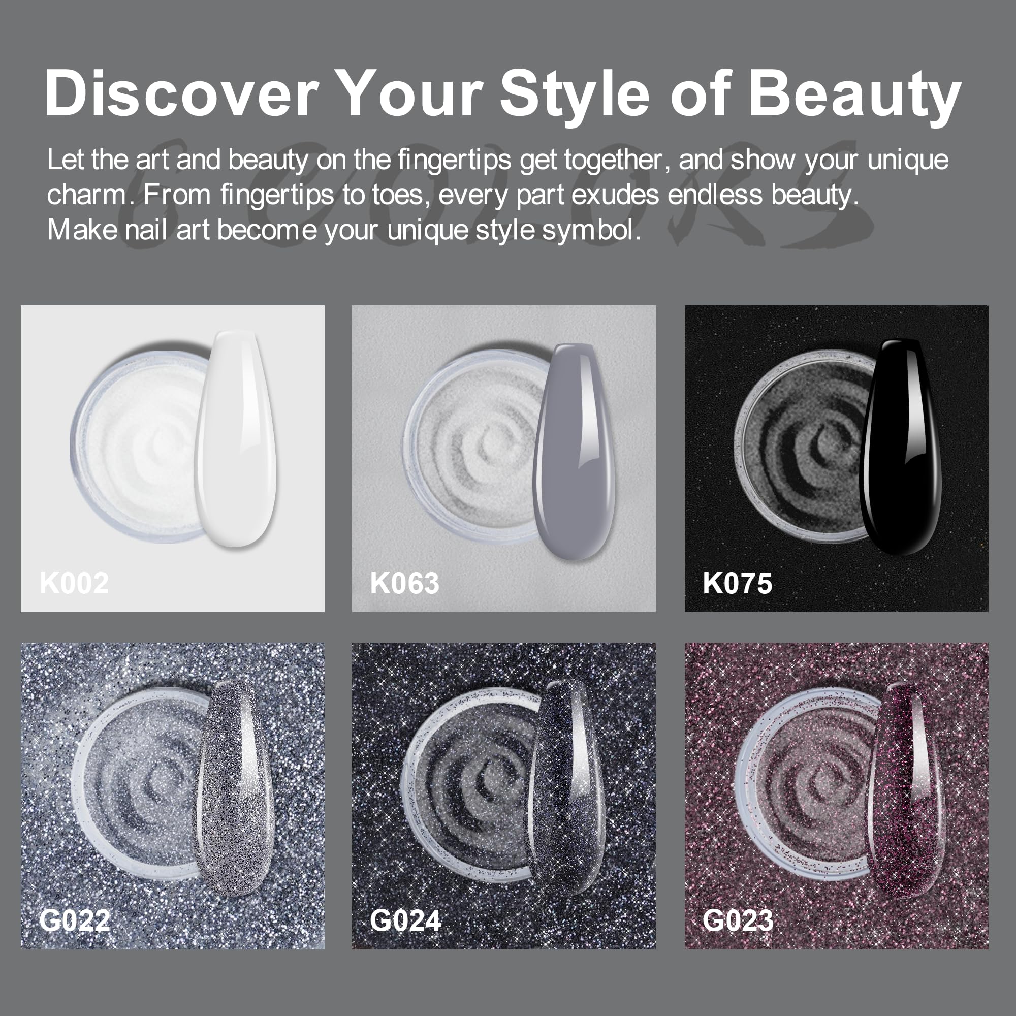 Eodci Dip Powder Nail Kit Starter - 6 Glitter Colors, No Lamp Needed, Base & Top Coat Included