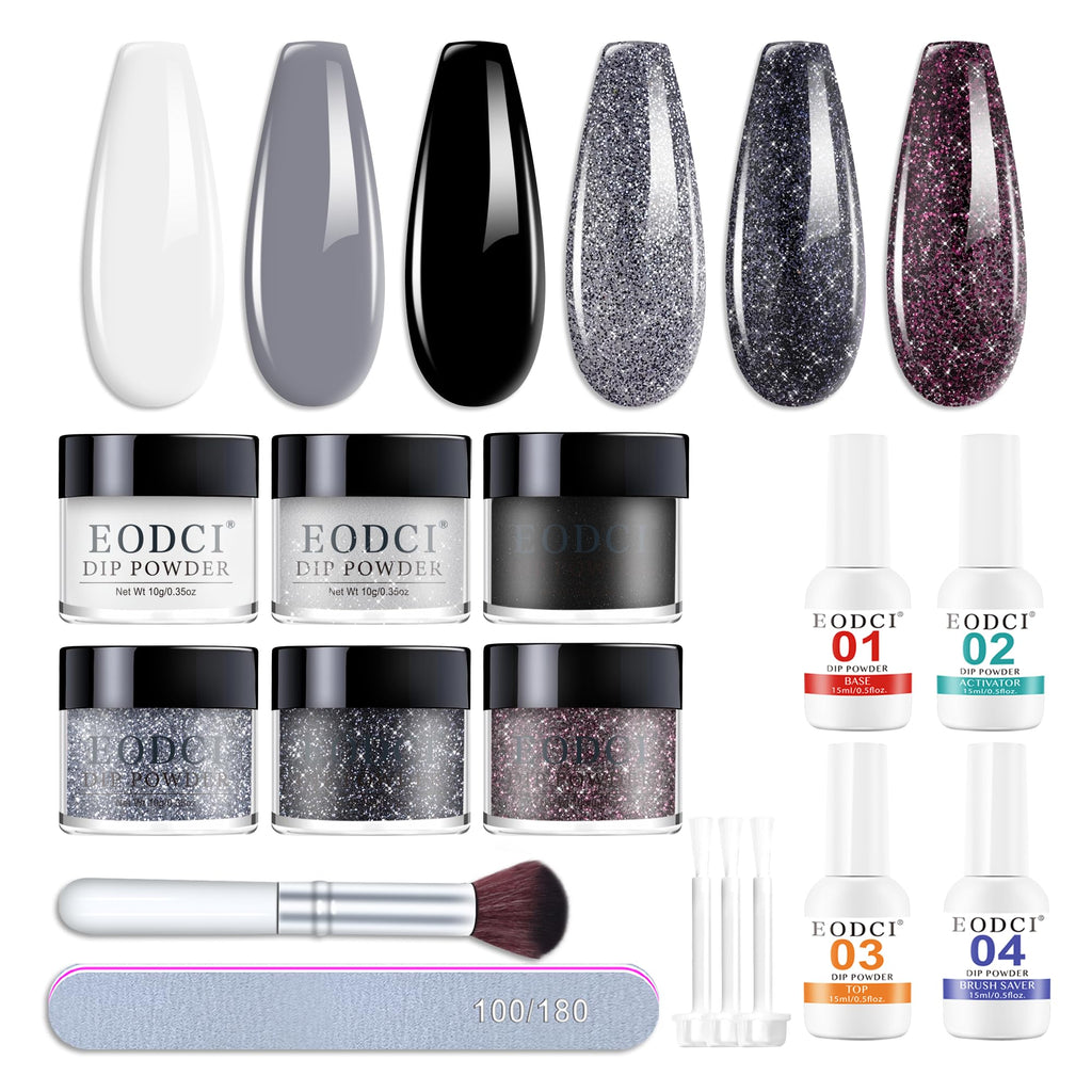Eodci Dip Powder Nail Kit Starter - 6 Glitter Colors, No Lamp Needed, Base & Top Coat Included