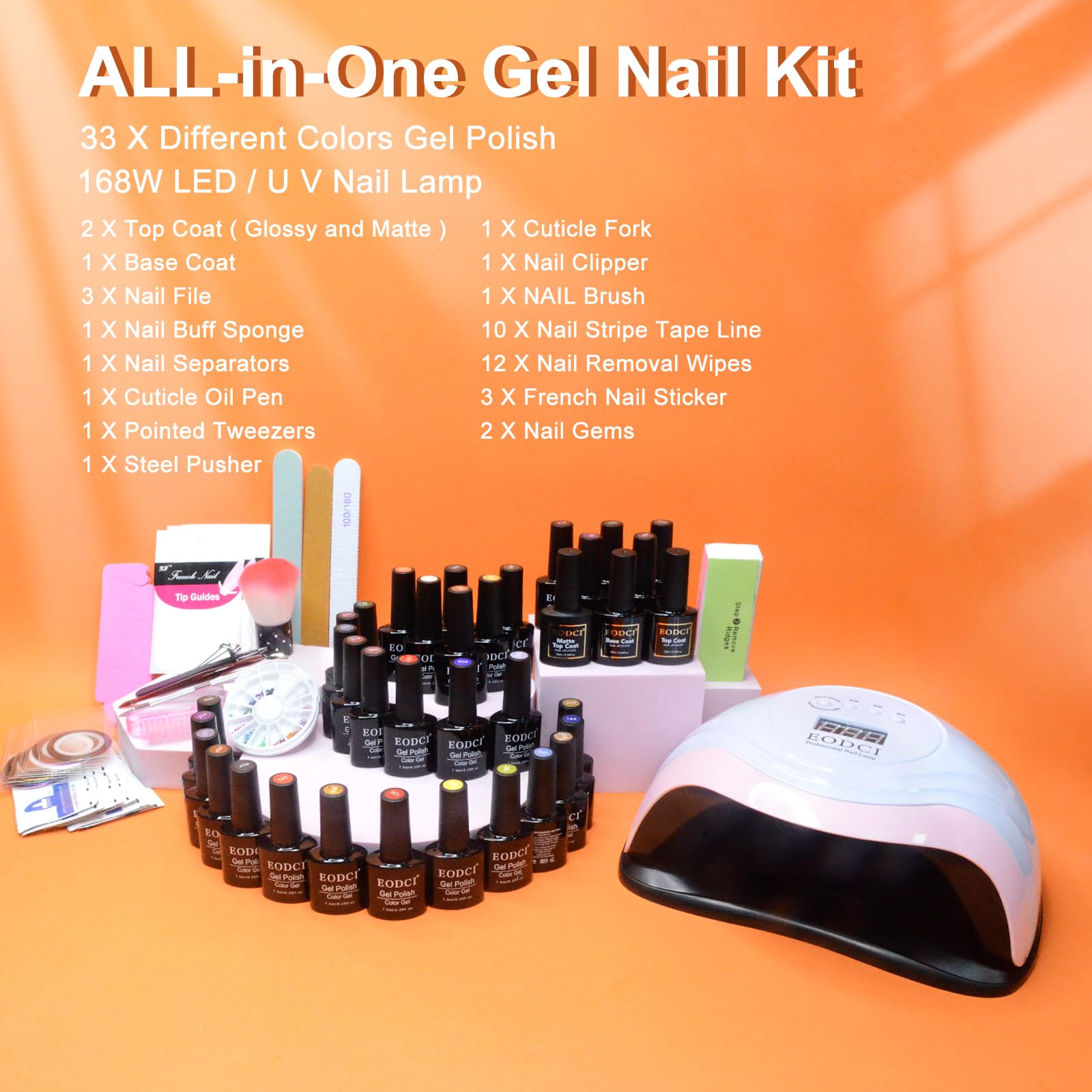 EODCI Gel Nail Kit with 168W Lamp — 33 Colors, All-in-One Home Salon