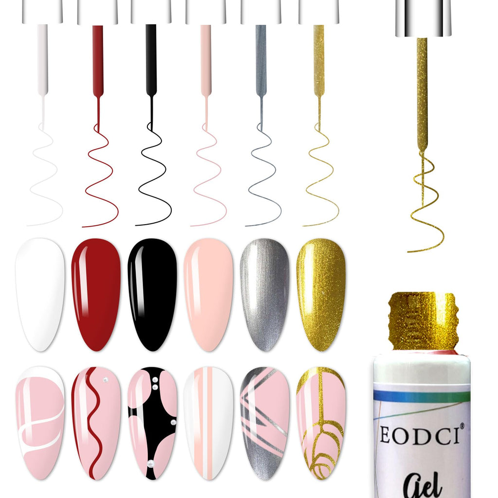 eodci Gel Liner Art Polish Set – 6 Colors, 10ml Nail Gel with Thin Brush