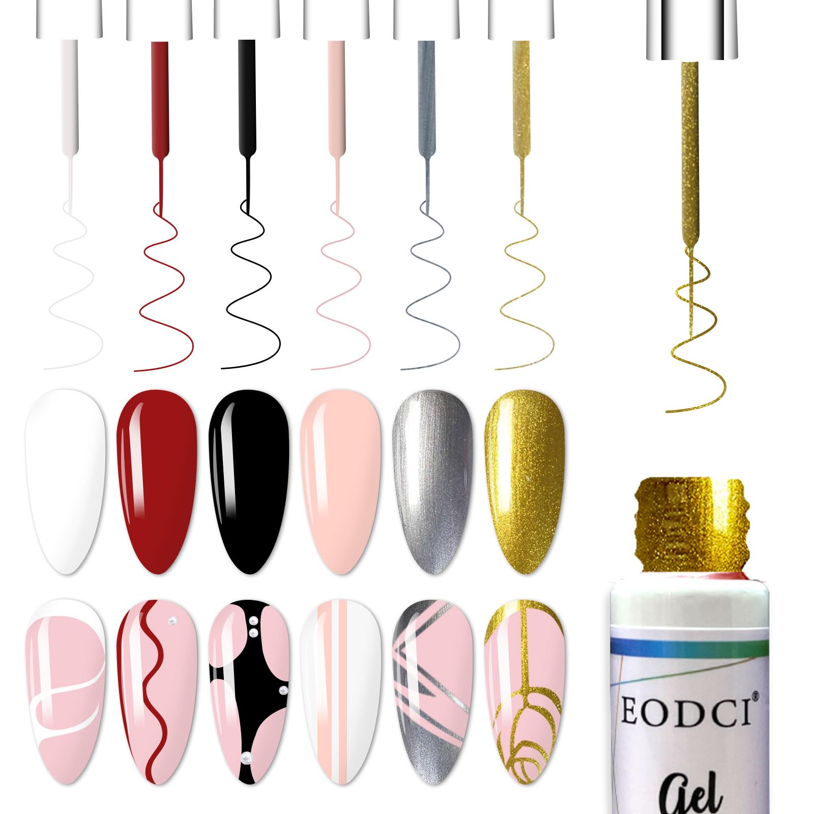 eodci Gel Liner Art Polish Set – 6 Colors, 10ml Nail Gel with Thin Brush