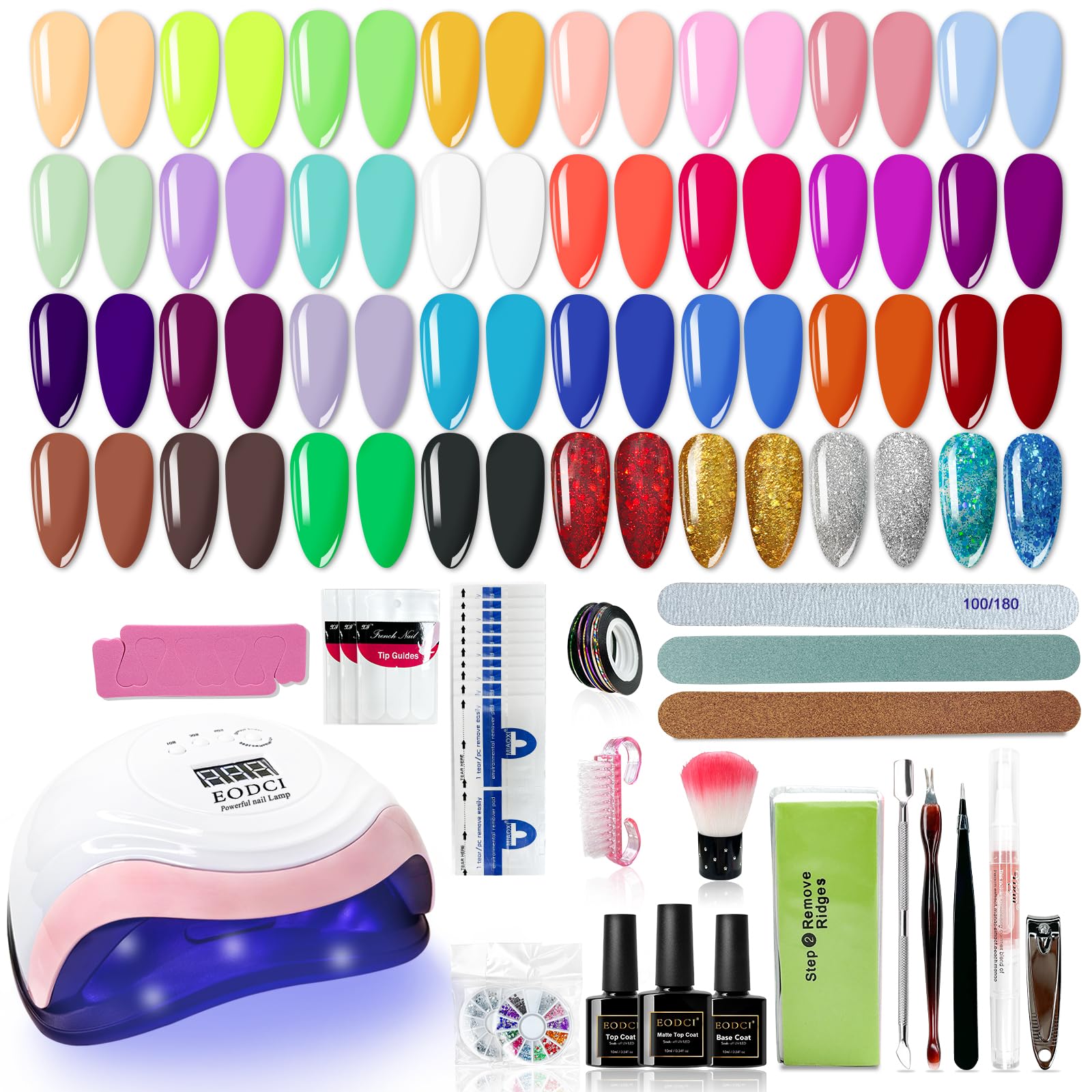EODCI 76‑Piece Gel Nail Kit with 168W LED Lamp | 33 Colors, Base/Top Coats & Tools