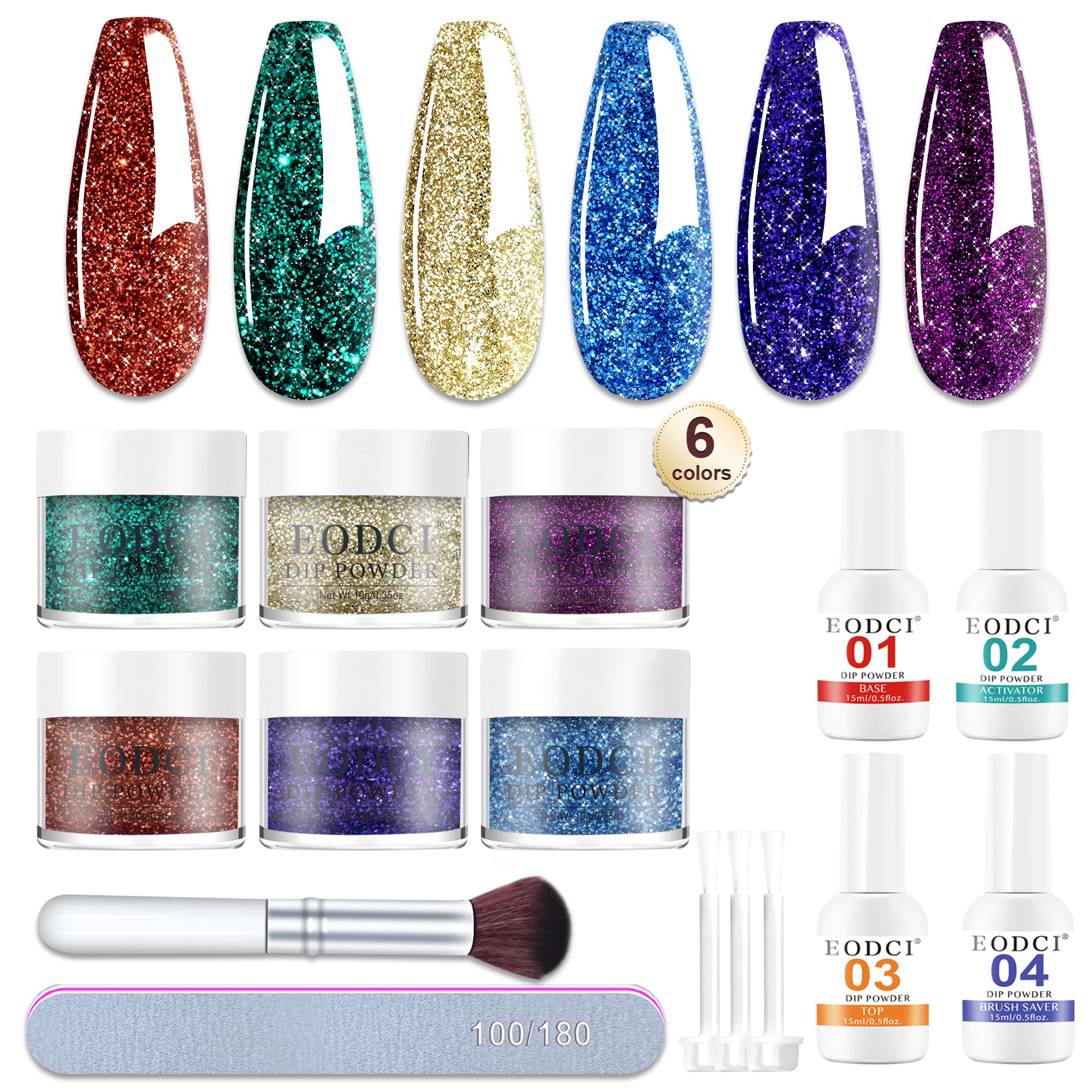 eodci 12-Piece Dip Powder Nail Kit Starter – 6 Colors, Base & Top Coat, No Lamp Needed