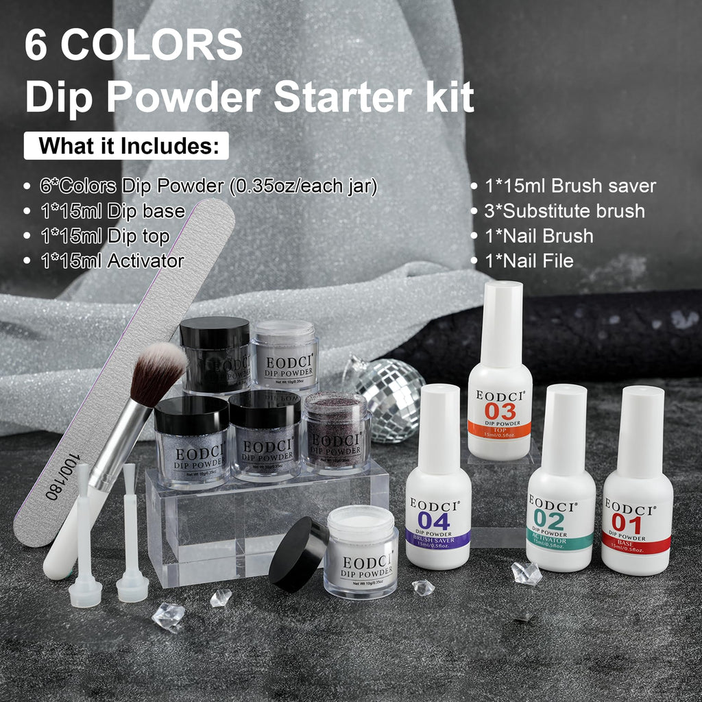 Eodci Dip Powder Nail Kit Starter - 6 Glitter Colors, No Lamp Needed, Base & Top Coat Included