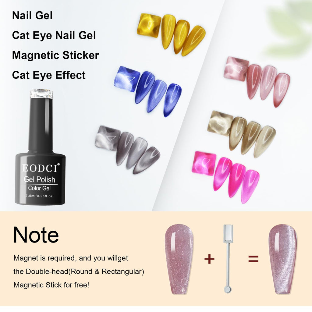 eodci Cat Eye Gel Nail Polish Kit – 6 Colors with Magnetic Stick for DIY Home Manicure