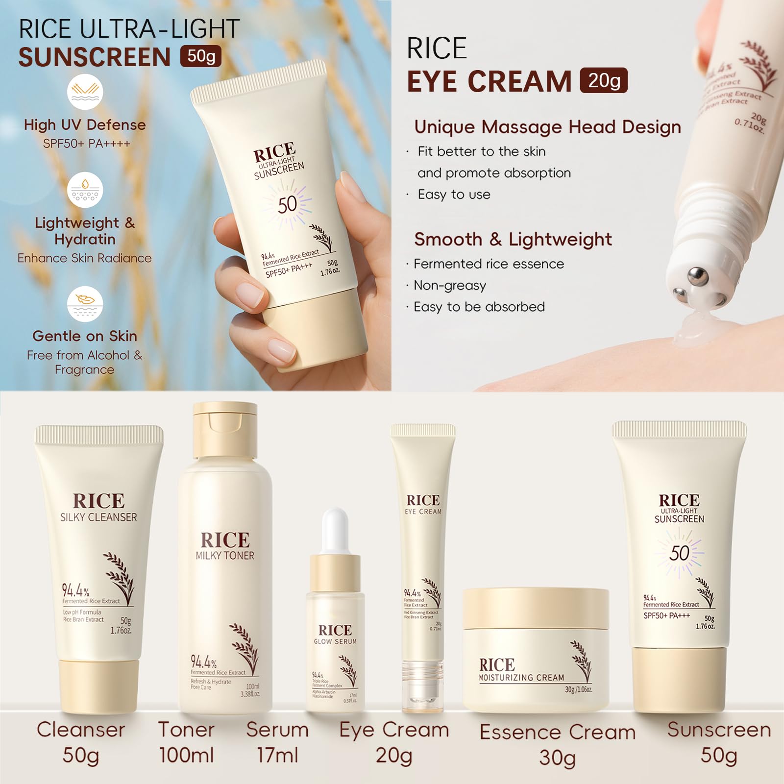 EONFAVE Rice Skincare Set for Teens — Hydrating Routine Kit (Cleanser, Serum, Sunscreen)