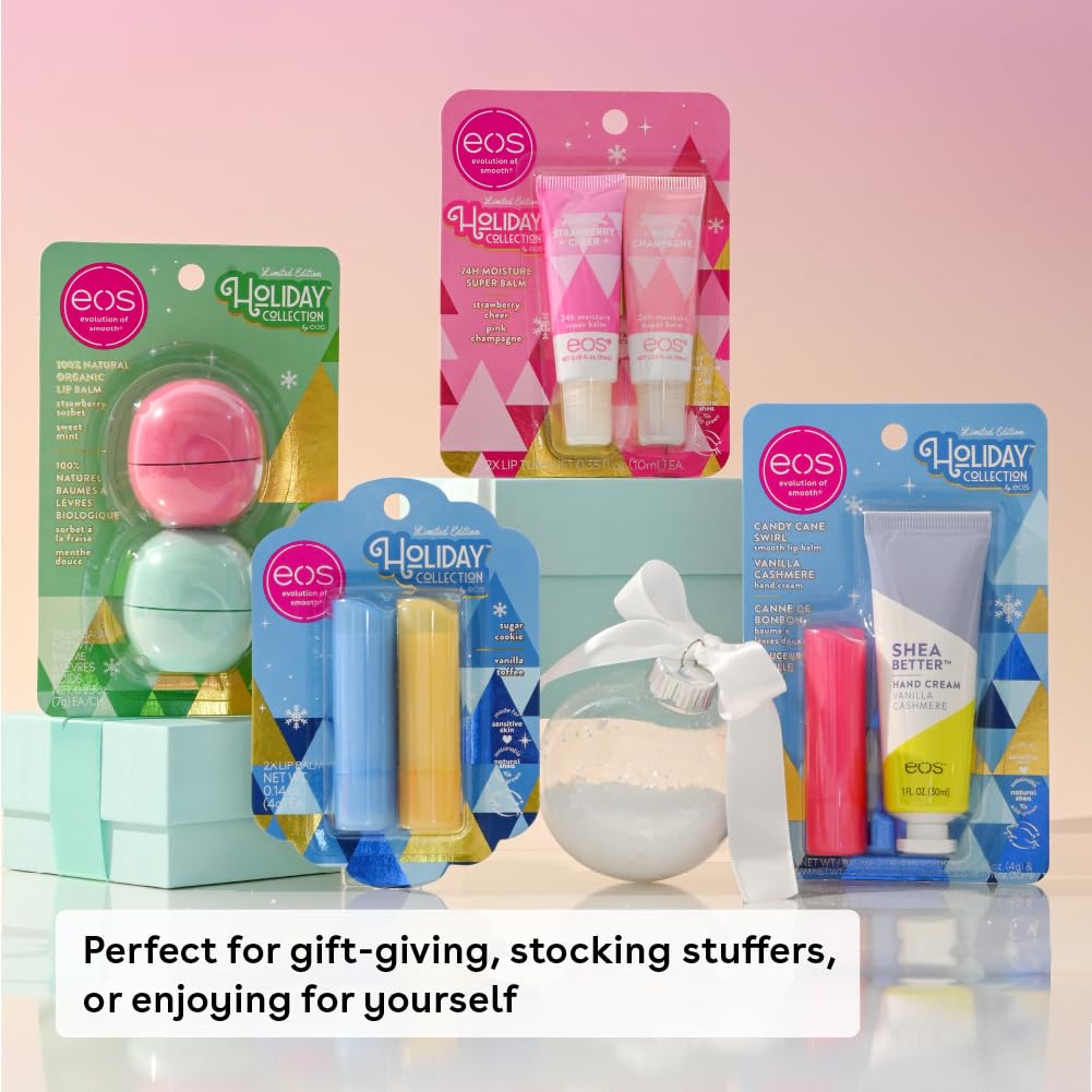 EOS Limited Edition Holiday Lip Balm Gift Set – Raspberry Cloud & Blackberry Bellini, 0.14 oz x 2, All-Day Moisture, Sensitive Skin, Clear