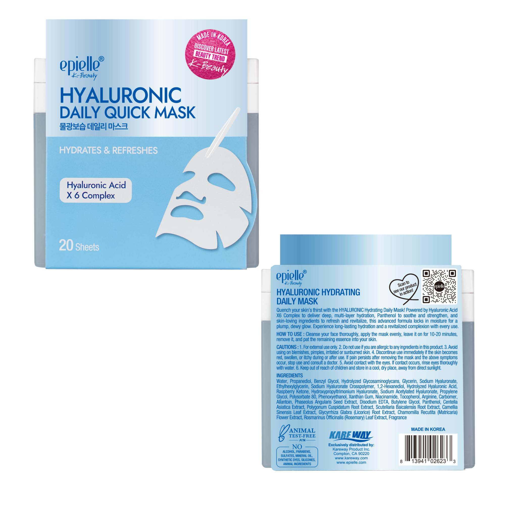 Epielle Hyaluronic Acid Masks 20-Pack – 6X HA Complex Hydrating Sheets for Dry Skin, Stocking Stuffers for Women