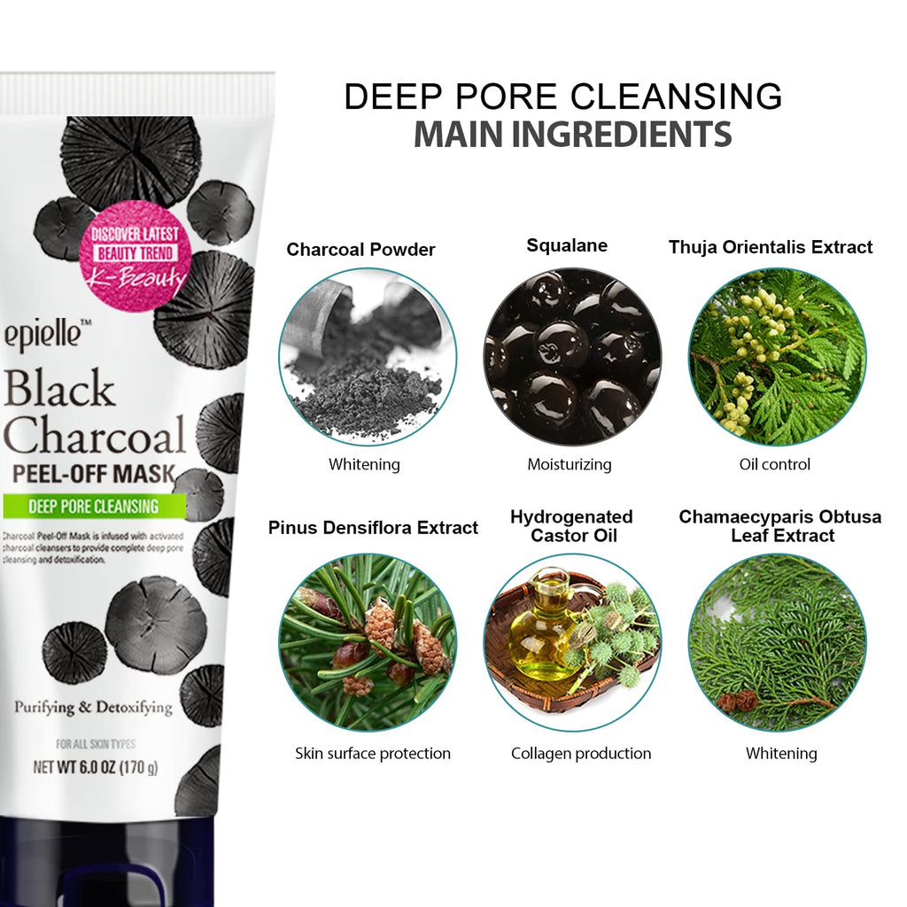 Epielle Black Charcoal Peel Off Mask | Deep Pore Cleansing with Activated Charcoal | 6 fl oz | 2pk