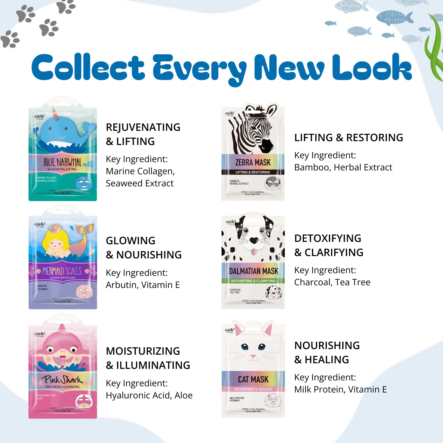 Epielle Wave & Wild Character Masks 6 Pack – Fun Korean Skincare
