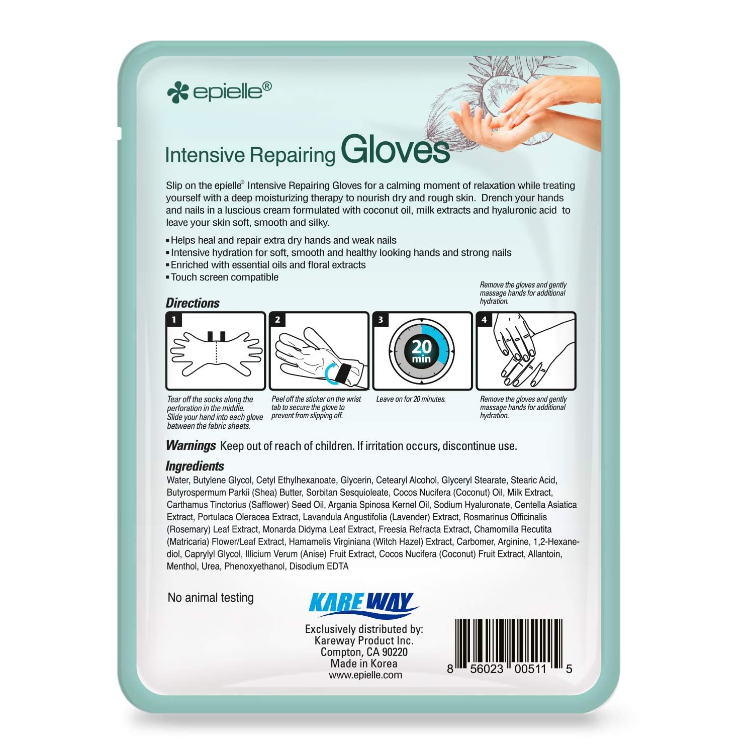 Epielle Intensive Repairing Hand Mask – 6 Pairs, Deep Moisturizing Gloves with Coconut Oil & Milk Extract