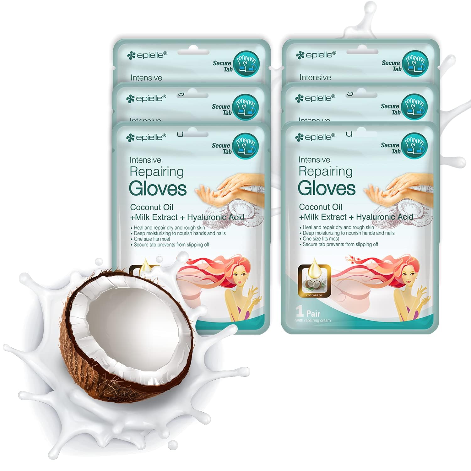 Epielle Intensive Repairing Hand Mask – 6 Pairs, Deep Moisturizing Gloves with Coconut Oil & Milk Extract