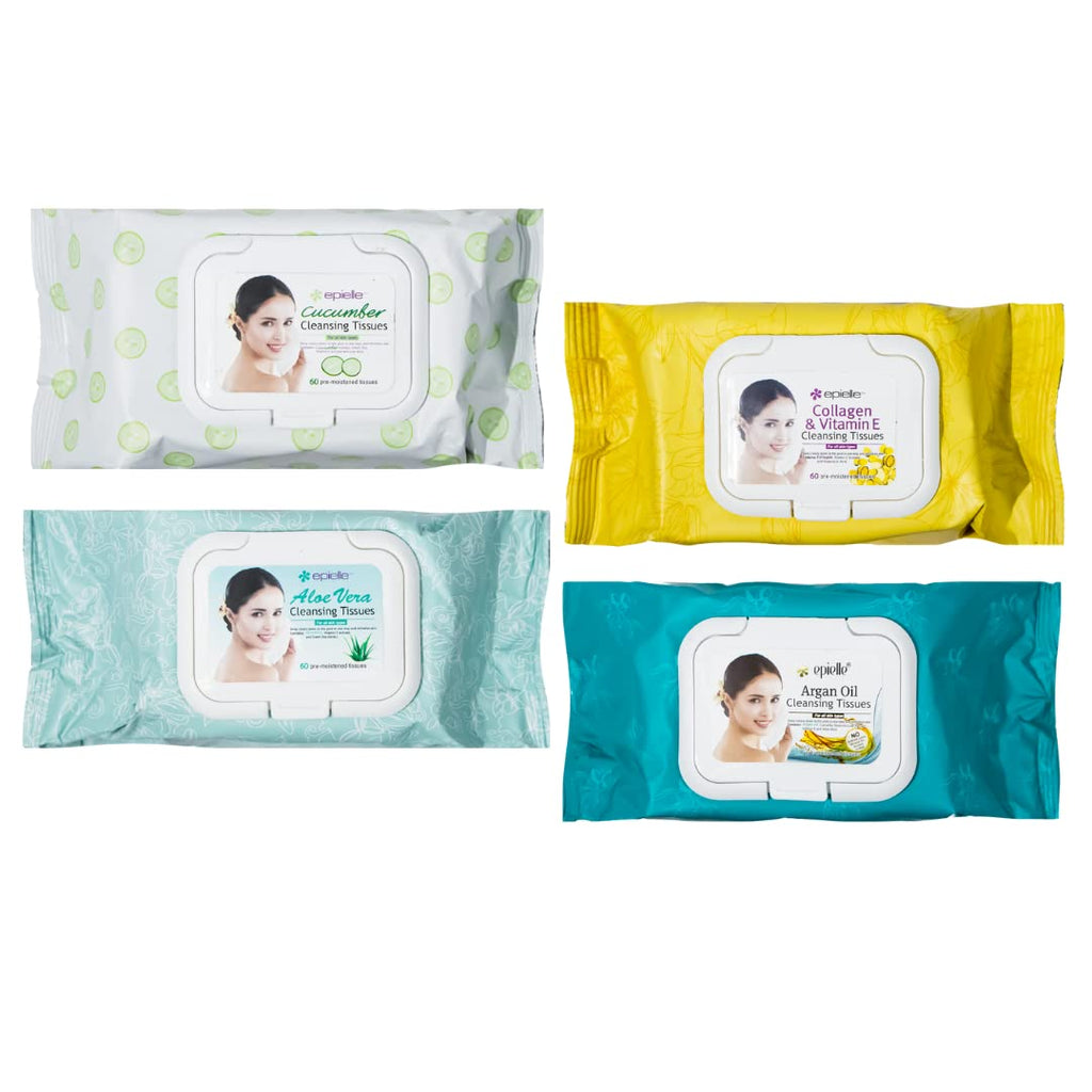 Epielle Makeup Remover Wipes - Gentle Collagen-Infused Cleanser, Remove Waterproof Mascara, Cucumber & Argan Oil, 60 Count (Pack of 4)