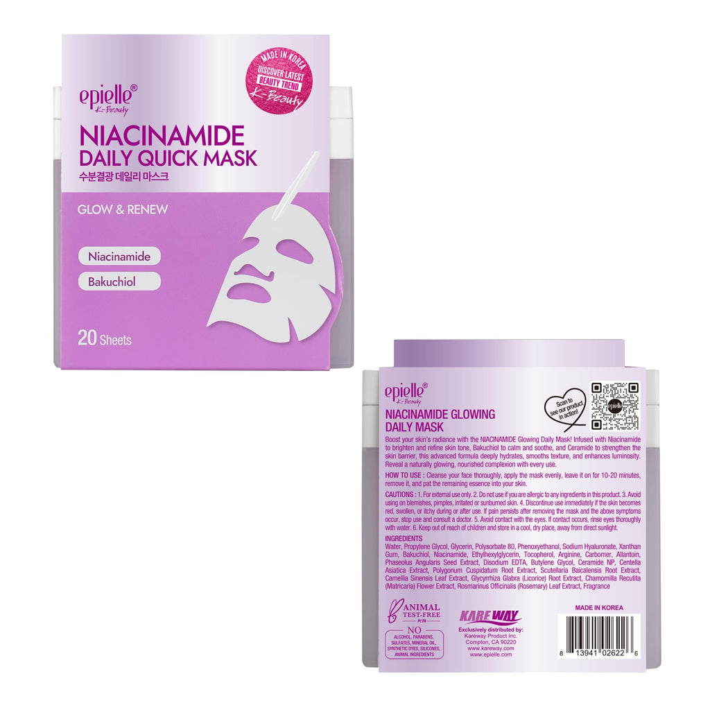Epielle Niacinamide Korean Face Masks 20 Pack – Pore-Minimizing Sheet Masks with Bakuchiol
