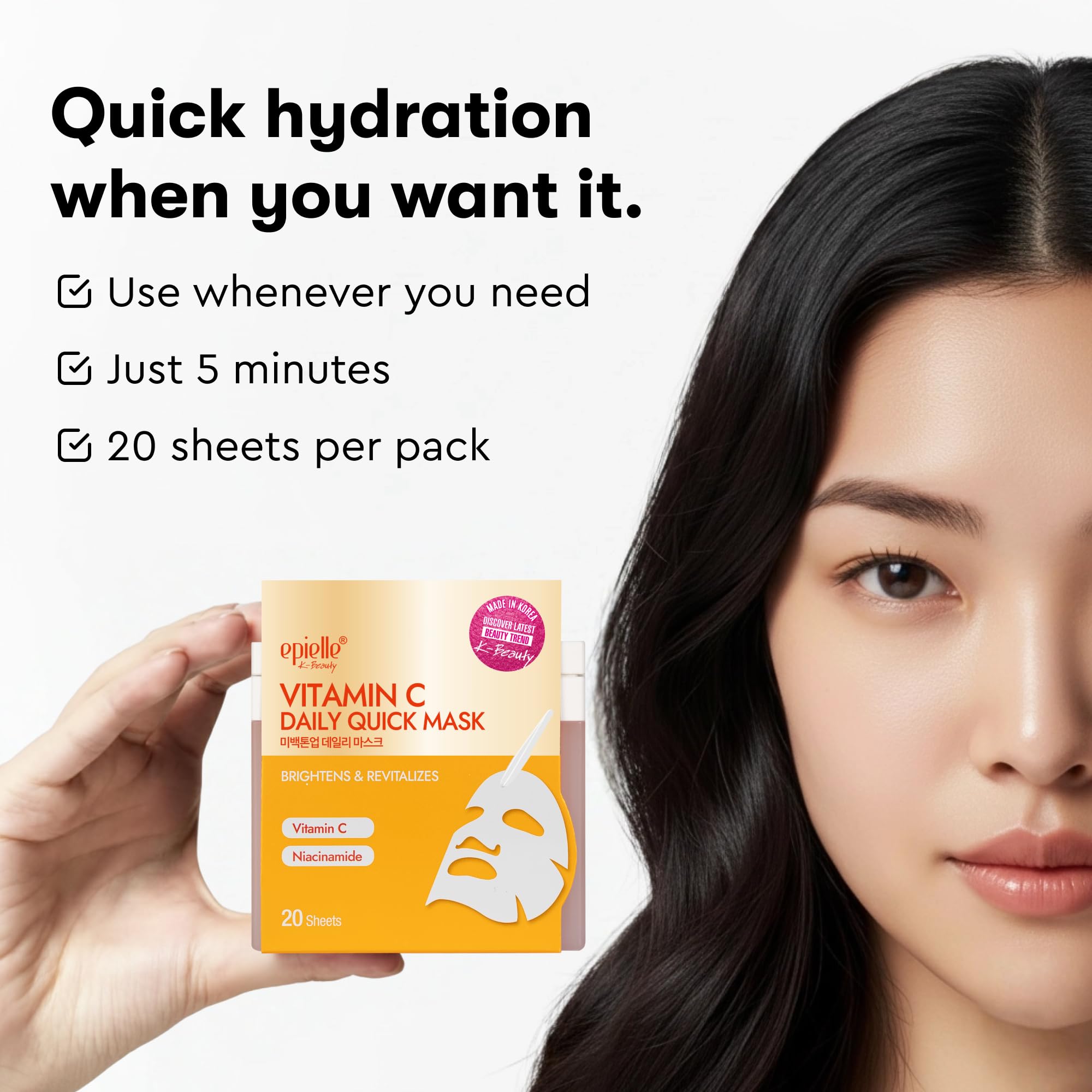 Epielle Vitamin C Korean Face Masks 20 Pack – Brightening Sheet Masks with Niacinamide
