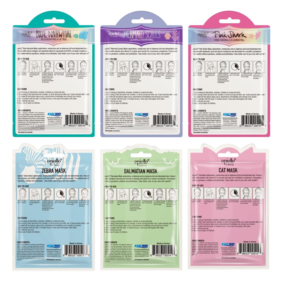 Epielle Wave & Wild Character Face Masks – 12 Pack | Fun Korean Skincare
