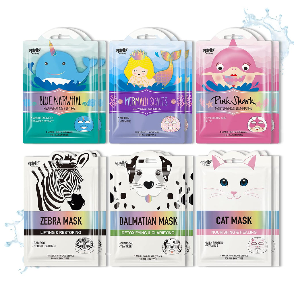 Epielle Wave & Wild Character Face Masks – 12 Pack | Fun Korean Skincare