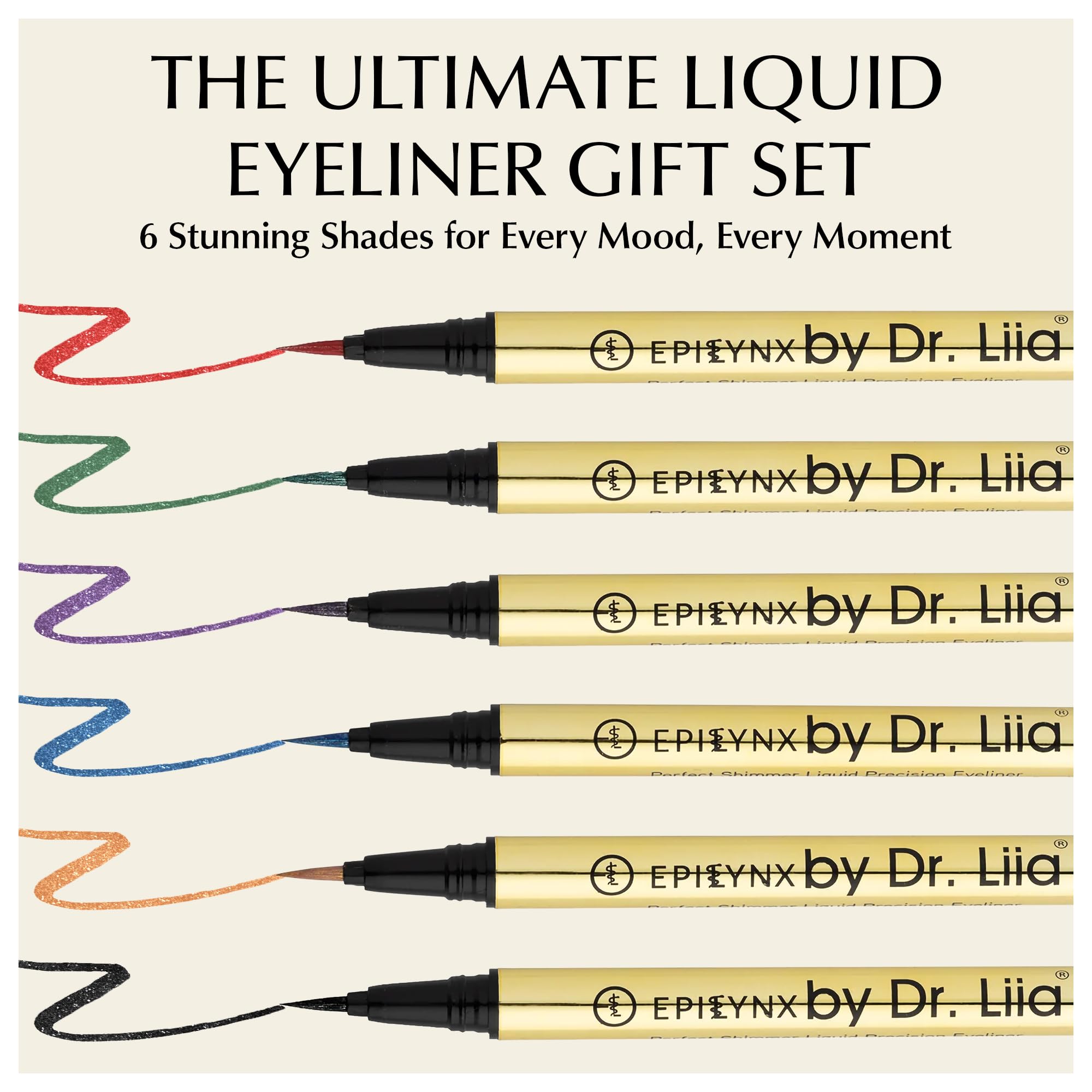 EPILYNX Liquid Eyeliner Gift Set - Waterproof, Hypoallergenic, Vegan, Gluten-Free with Fine Brush Tip (6 Shades)