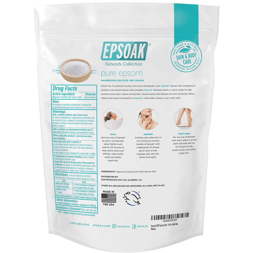 Epsoak Epsom Salt 10 lb Bulk – USP Magnesium Sulfate, Unscented, USA Made