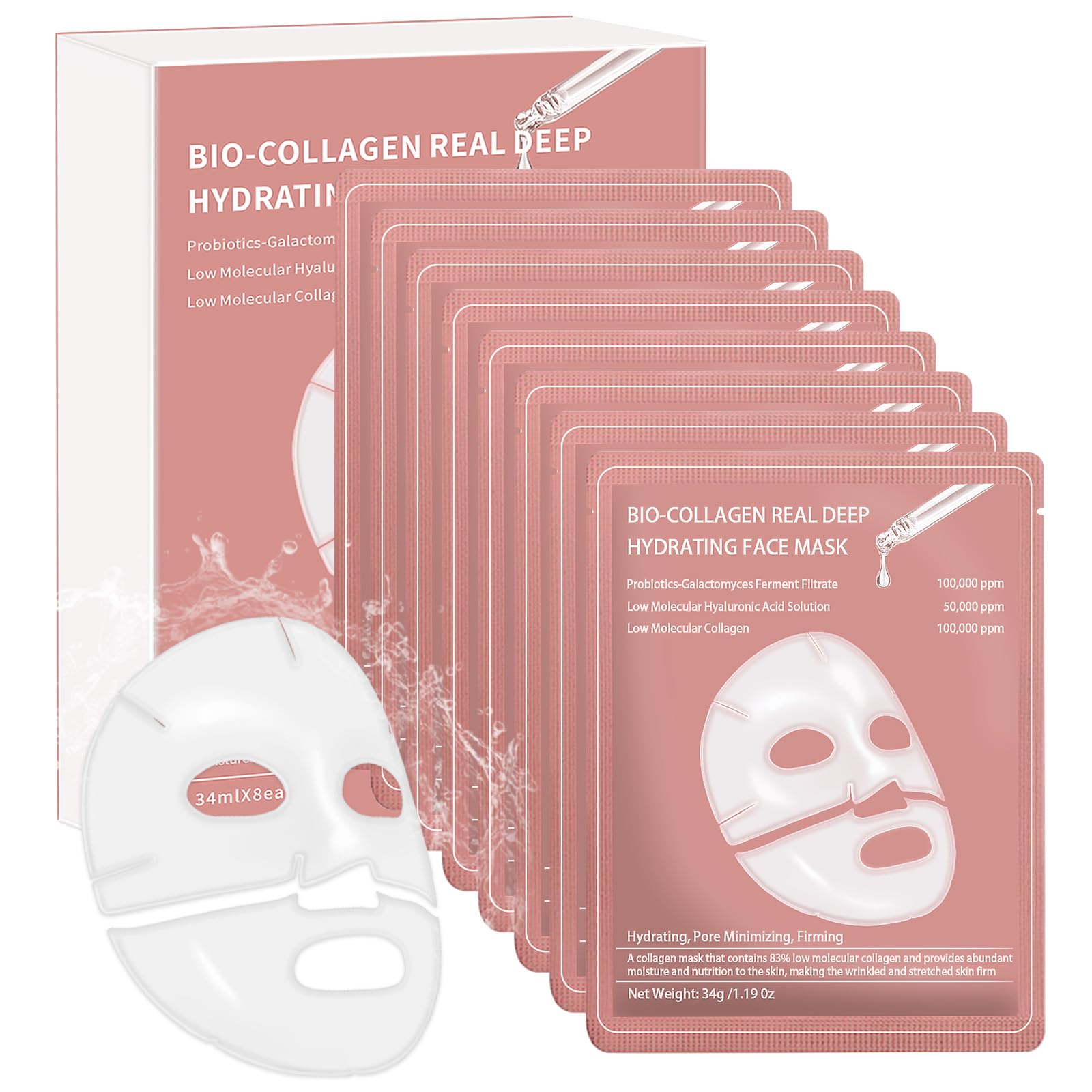 Eqimznv 8 Pcs Collagen Face Mask – Overnight Hydration, Pore Minimizing & Firming