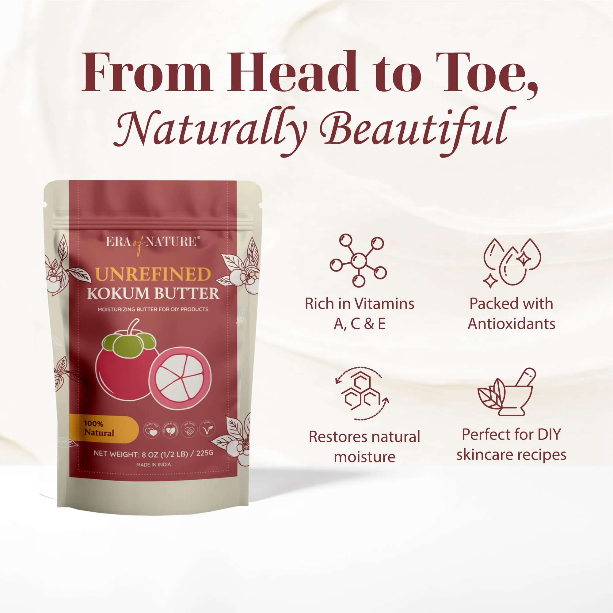 era of nature Kokum Butter Raw 8 oz – Pure DIY Skincare Base for Belly, Body & Lip Care