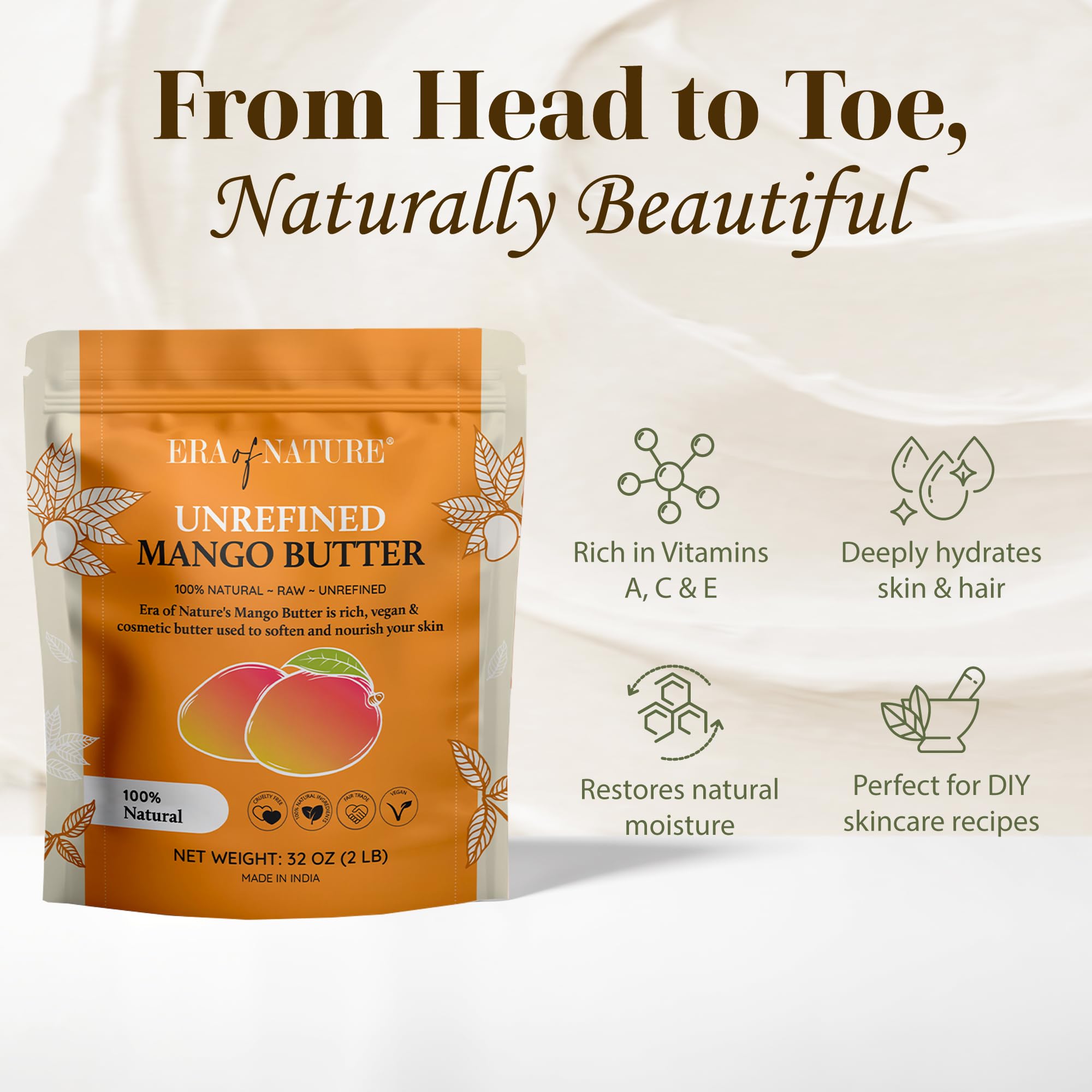 era of nature Organic Raw Mango Body Butter Block 32oz – Skin & Hair Moisturizer