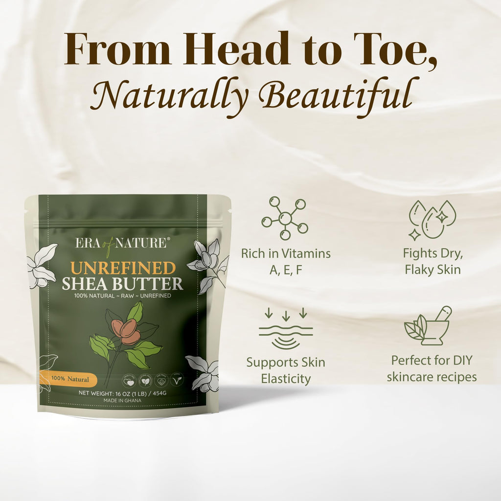 Era of Nature Organic Unrefined Raw African Ivory White Shea Butter 16oz | Moisturizing Skin & Hair, DIY Lip Balm Base