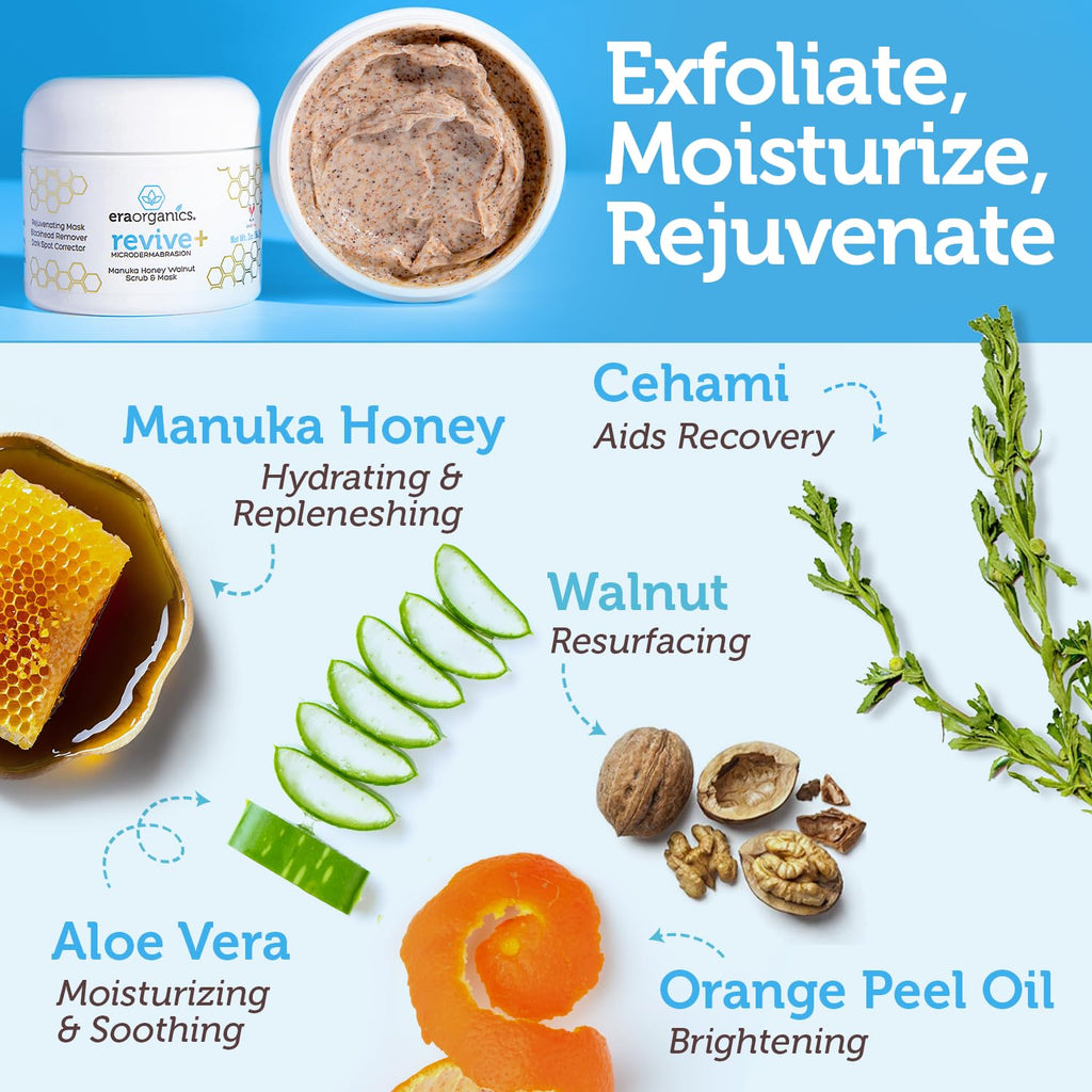 Era Organics Manuka Honey Exfoliating Face Scrub – Gentle Microdermabrasion for Softer, Balanced Skin | 4oz