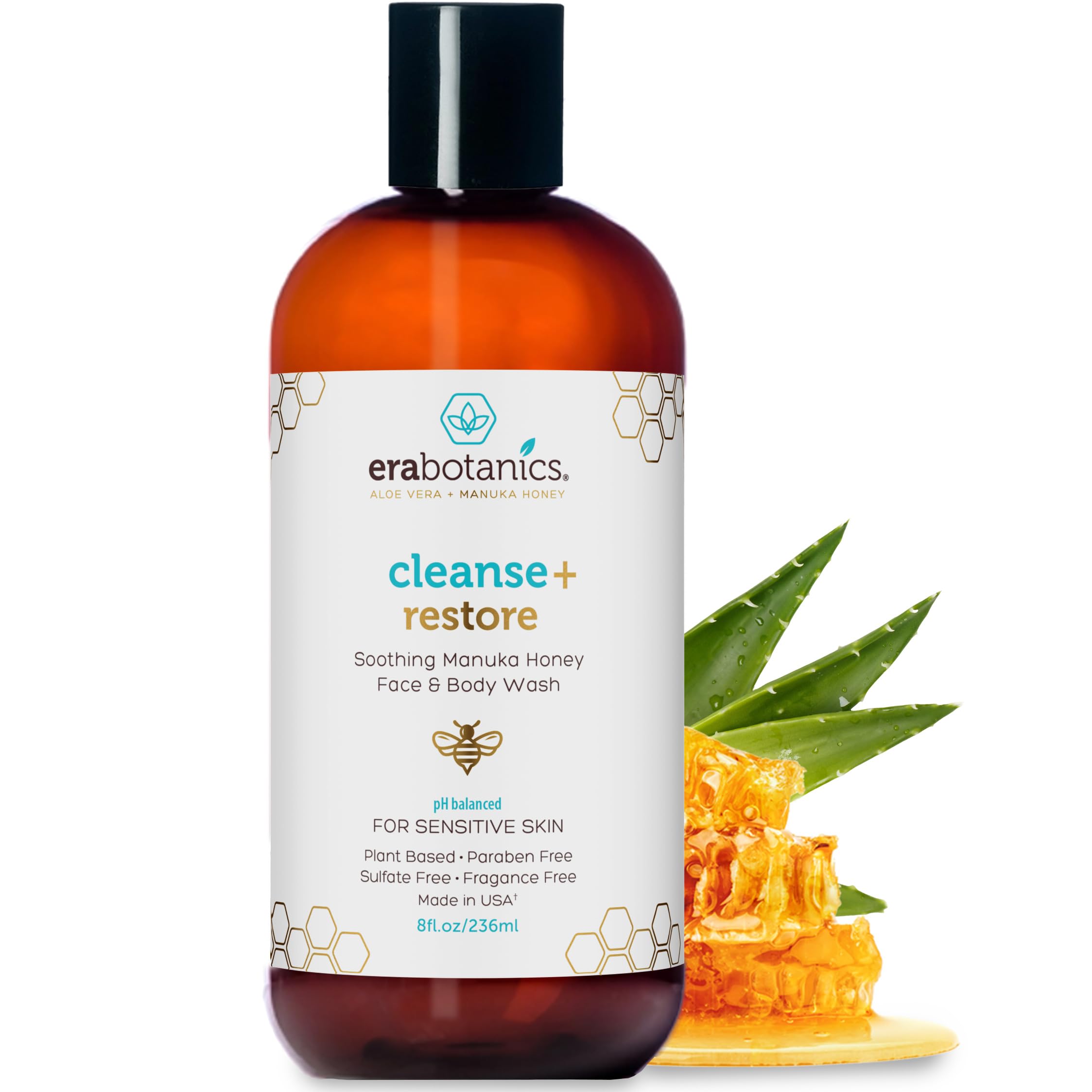 Era Organics Manuka Honey Face Wash for Sensitive Skin – Sulfate-Free Cleanser with Aloe Vera & Hyaluronic Acid (USA) - 8 oz
