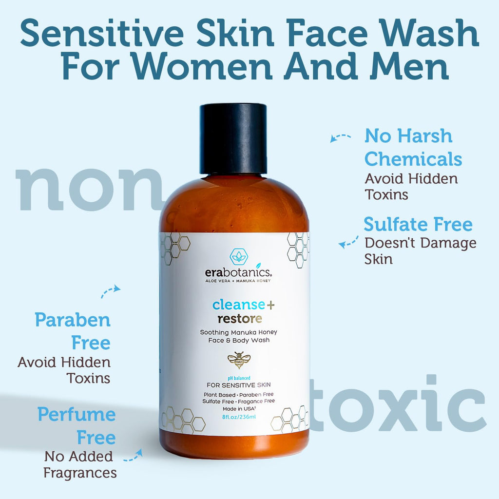Era Organics Manuka Honey Face Wash for Sensitive Skin – Sulfate-Free Cleanser with Aloe Vera & Hyaluronic Acid (USA) - 8 oz