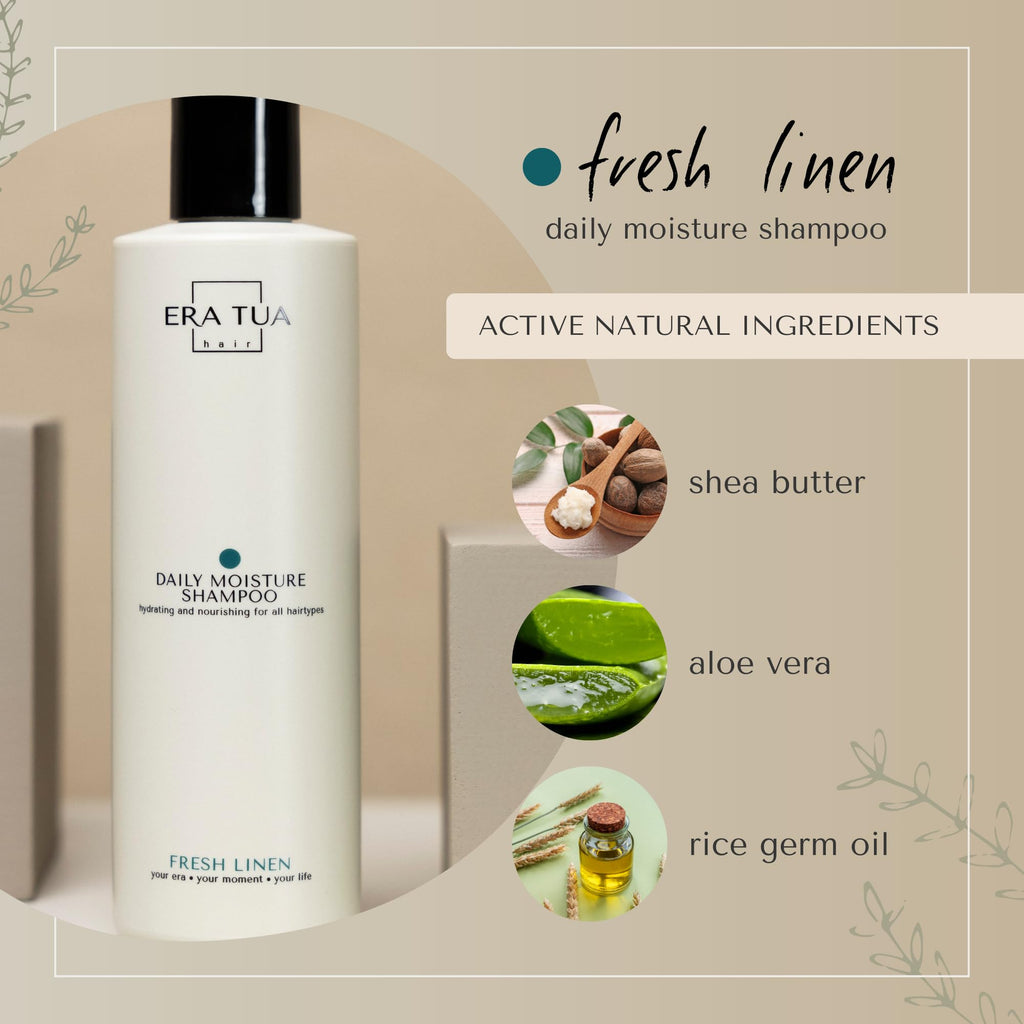 ERA TUA Fresh Linen Daily Moisture Shampoo | Dutch Made Hydration for Dry & Damaged Hair | Bergamot Jasmine & Rose | 250 ml