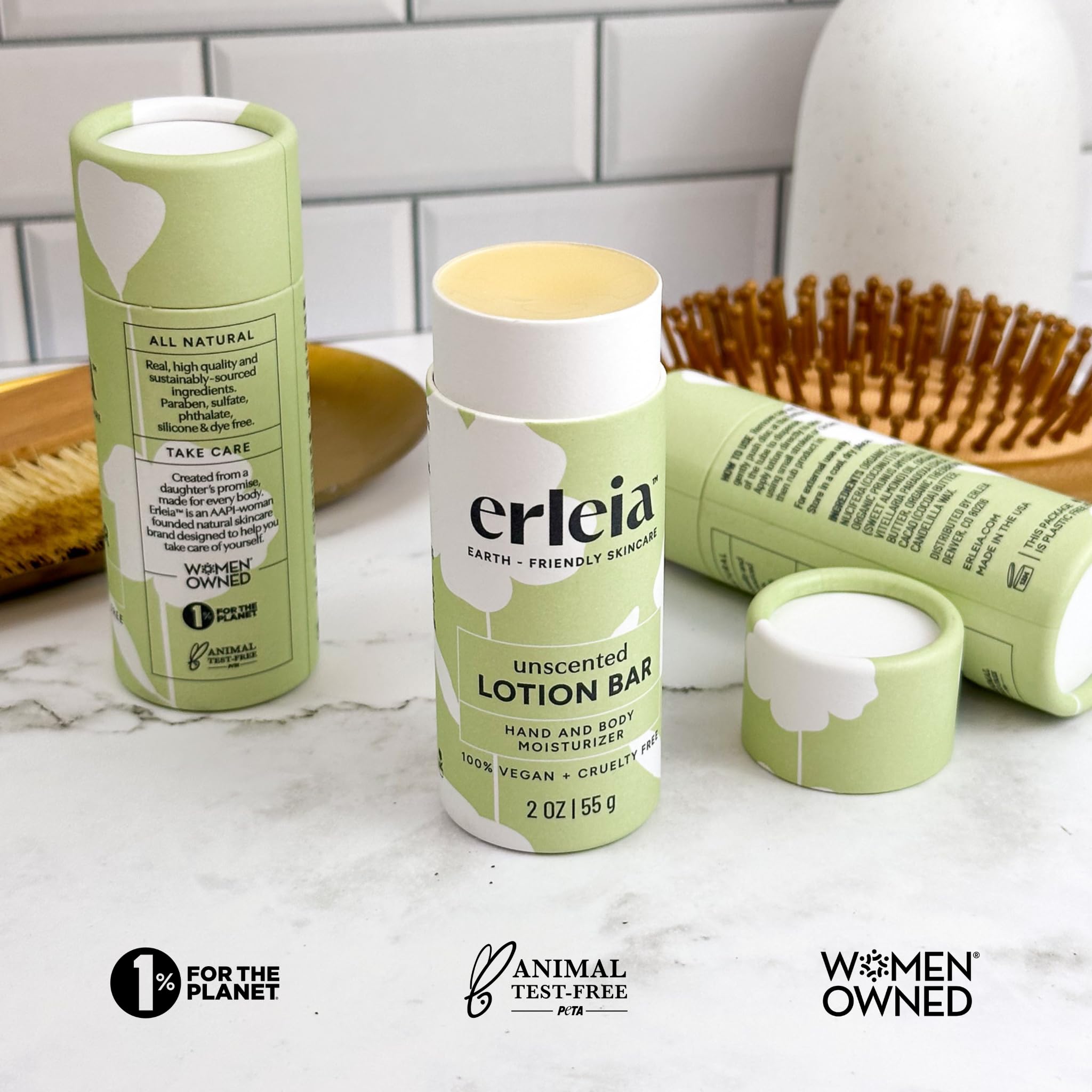 Erleia Travel-Friendly Lotion Bar — Vegan, Cruelty-Free, Plastic-Free, Unscented