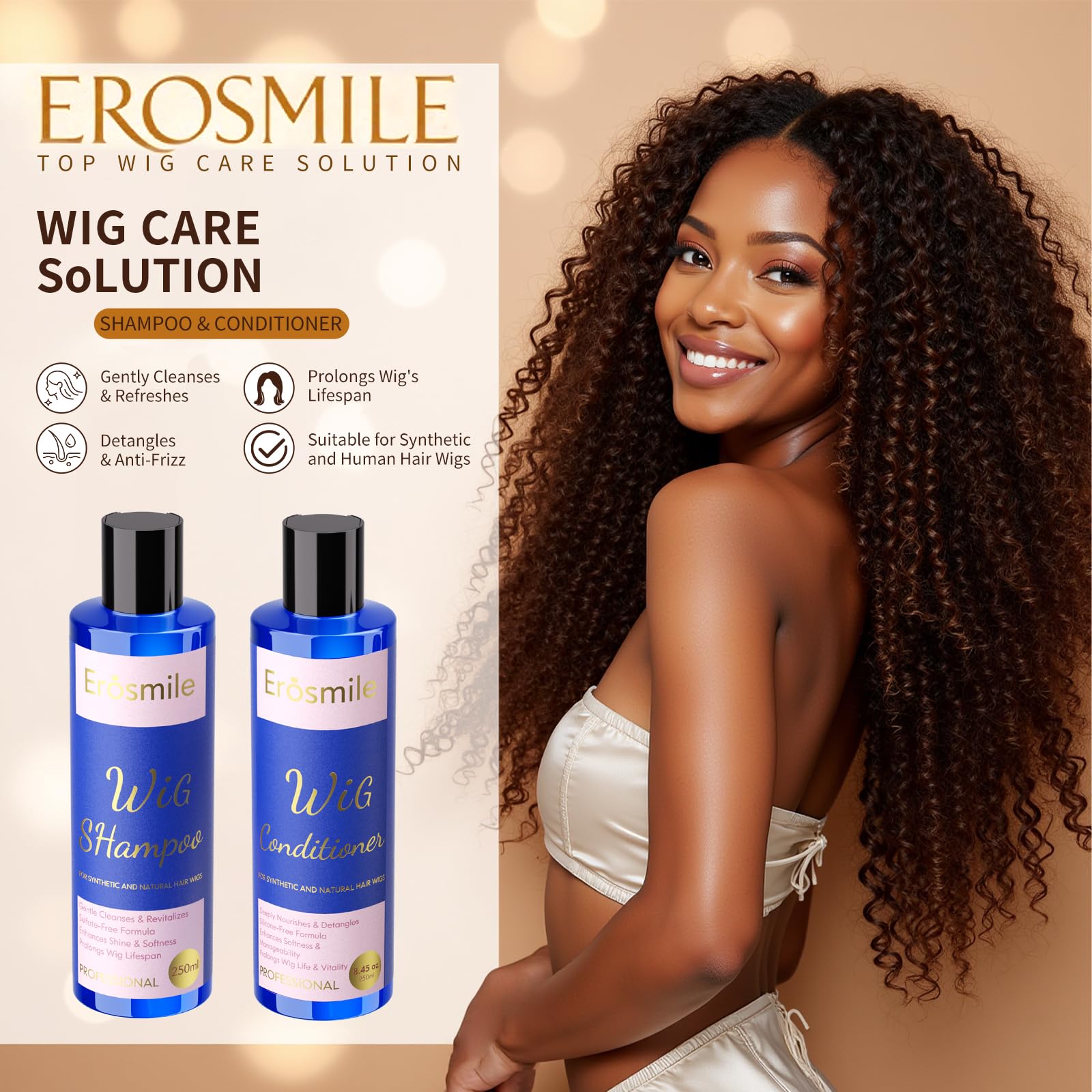 EROSMILE Luxury Wig Shampoo & Conditioner Set for Synthetic & Natural Wigs | Sulfate-Free, Deep Nourishment — 2-Pack