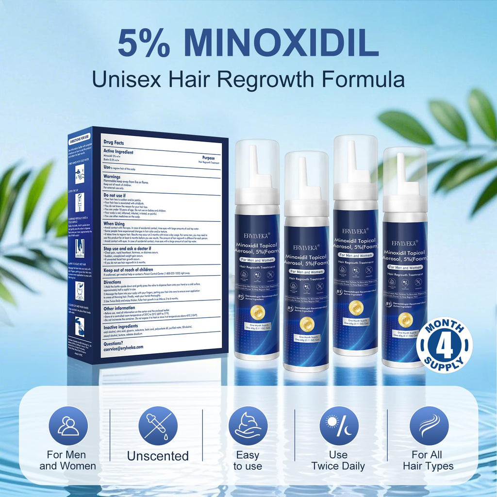ERYLVEKA 5% Minoxidil Foam – Hair & Beard Growth, Biotin, 4-Month Supply